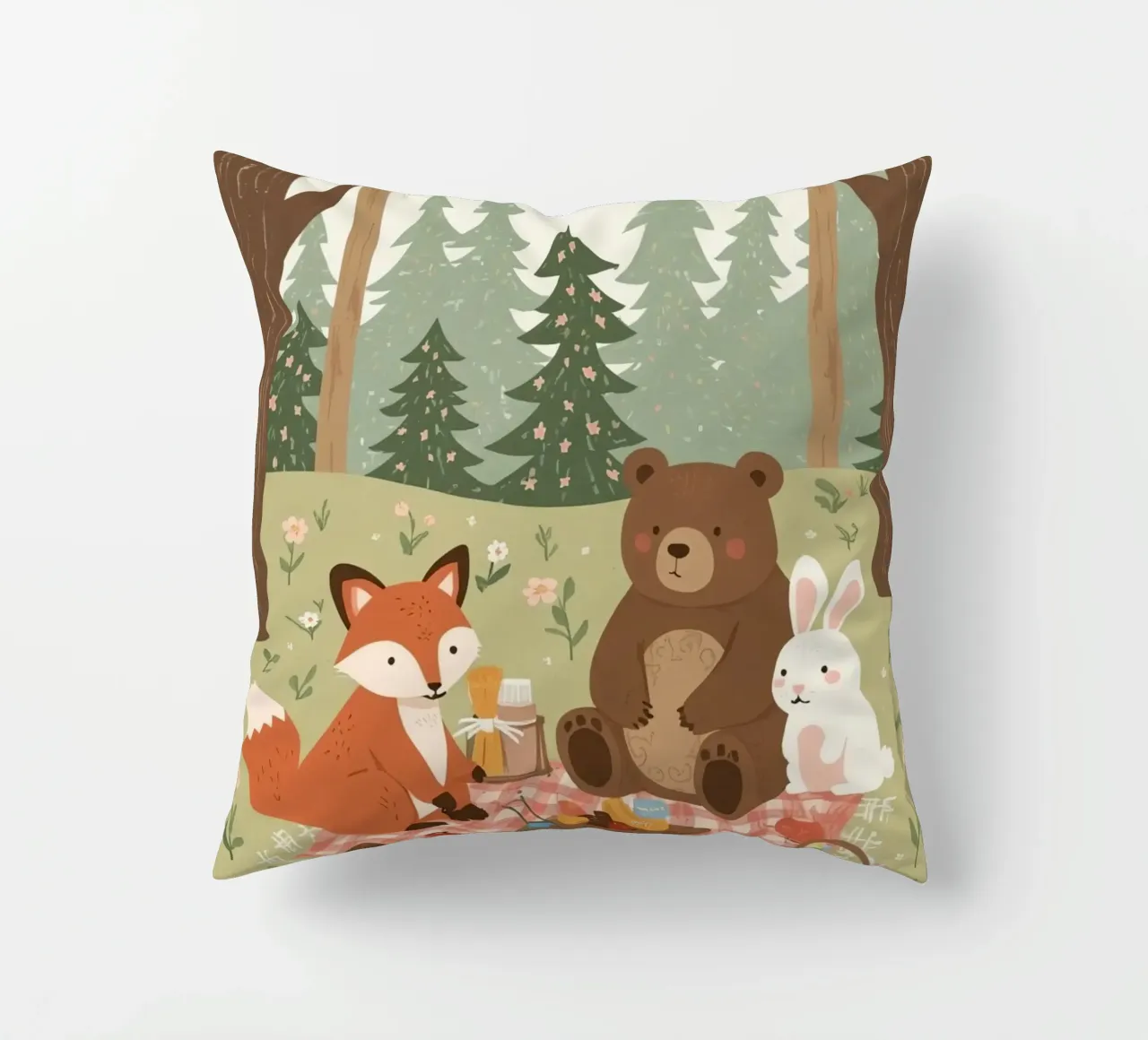 Volpe, orso e coniglio, simpatici e divertenti, fanno un picnic nella foresta cuscino da DesignDoodle