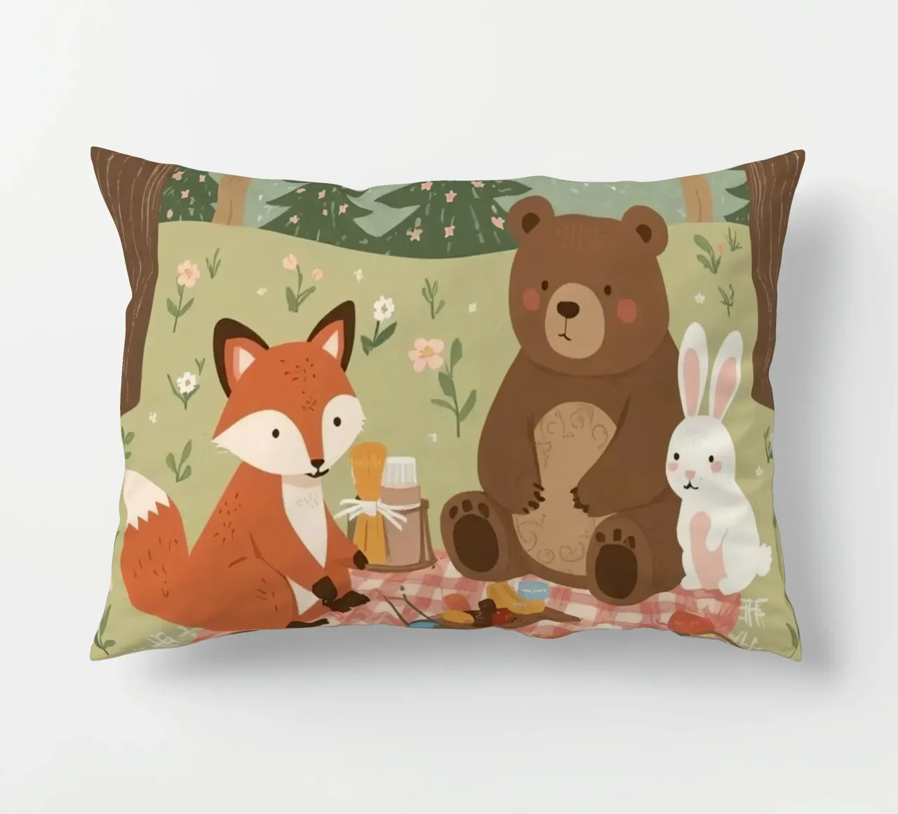 Volpe, orso e coniglio, simpatici e divertenti, fanno un picnic nella foresta cuscino da DesignDoodle