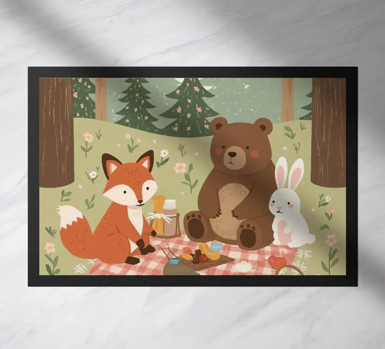 Volpe, orso e coniglio, simpatici e divertenti, fanno un picnic nella foresta zerbino da DesignDoodle