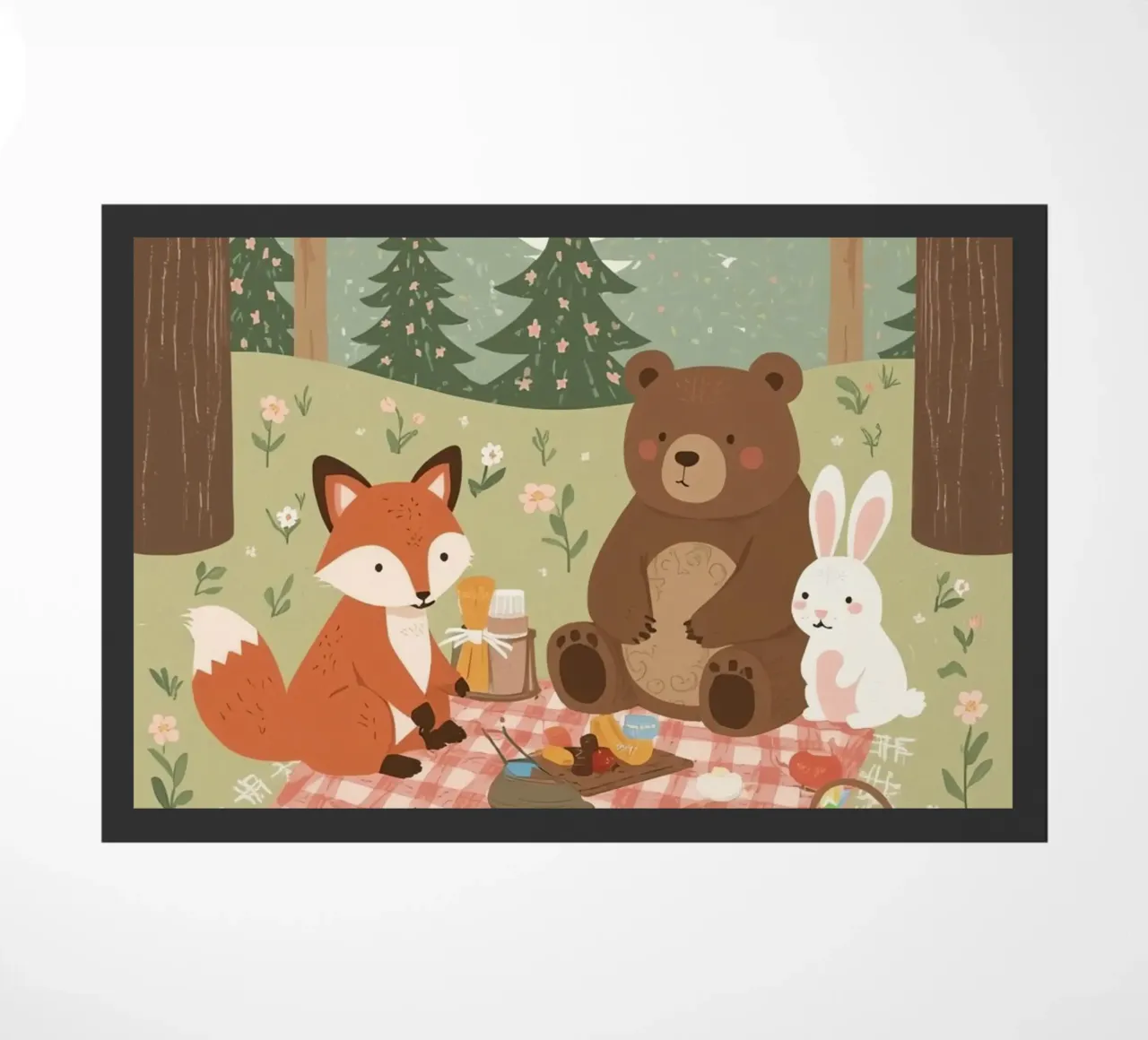 Volpe, orso e coniglio, simpatici e divertenti, fanno un picnic nella foresta zerbino da DesignDoodle