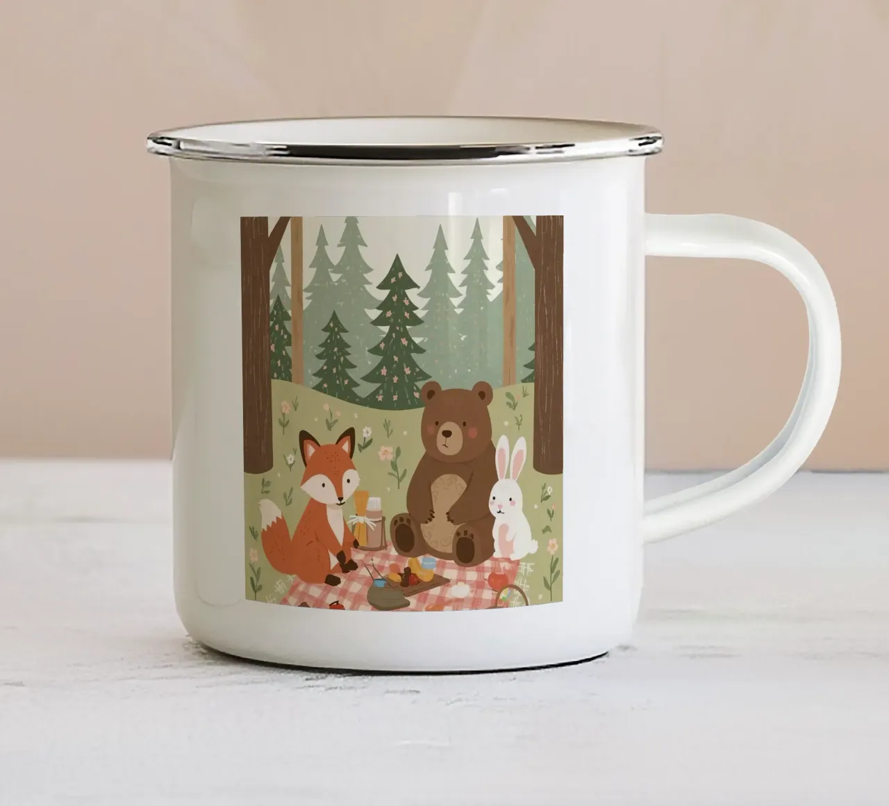 Volpe, orso e coniglio, simpatici e divertenti, fanno un picnic nella foresta tazza in smalto da DesignDoodle