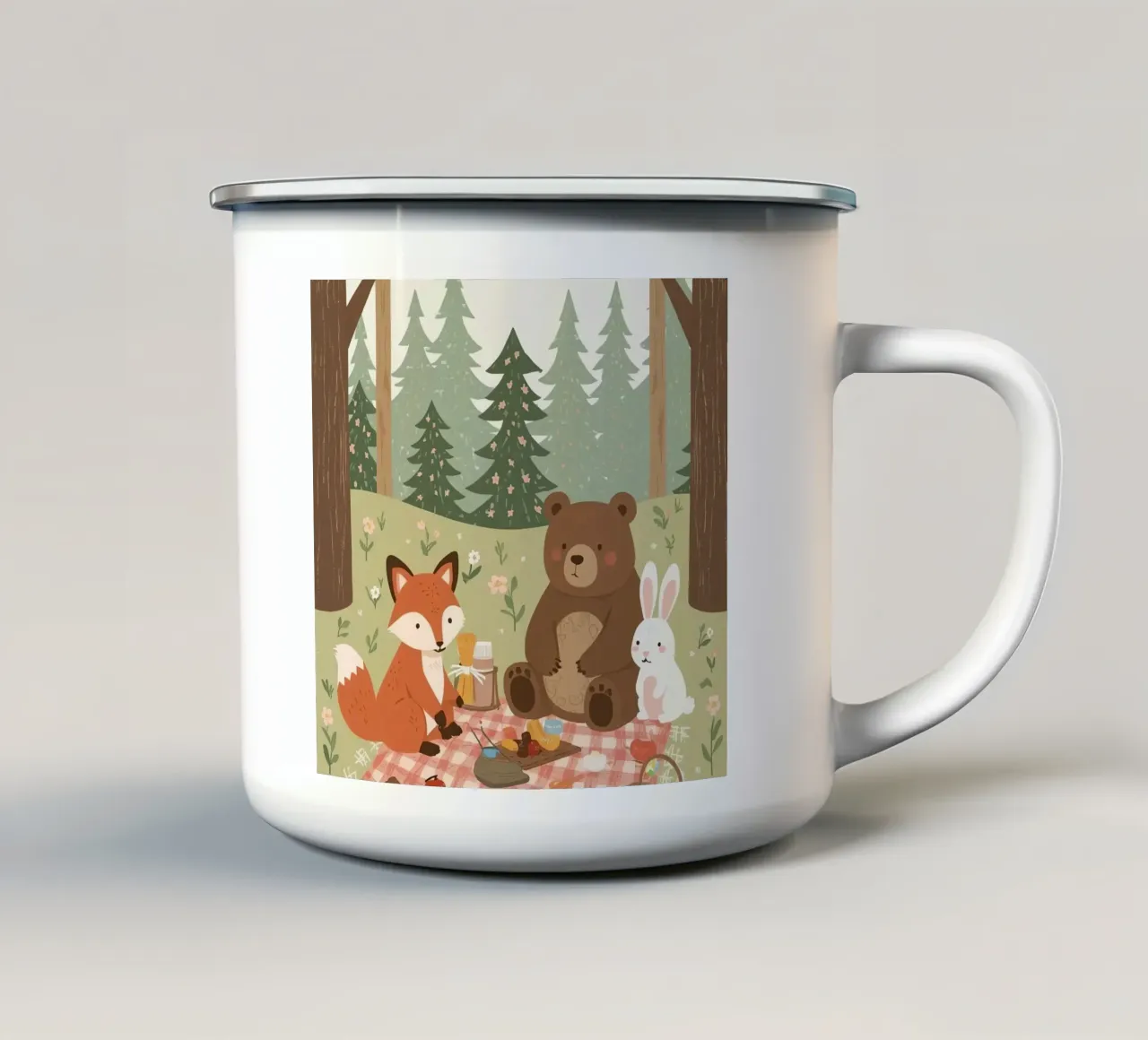 Volpe, orso e coniglio, simpatici e divertenti, fanno un picnic nella foresta tazza in smalto da DesignDoodle