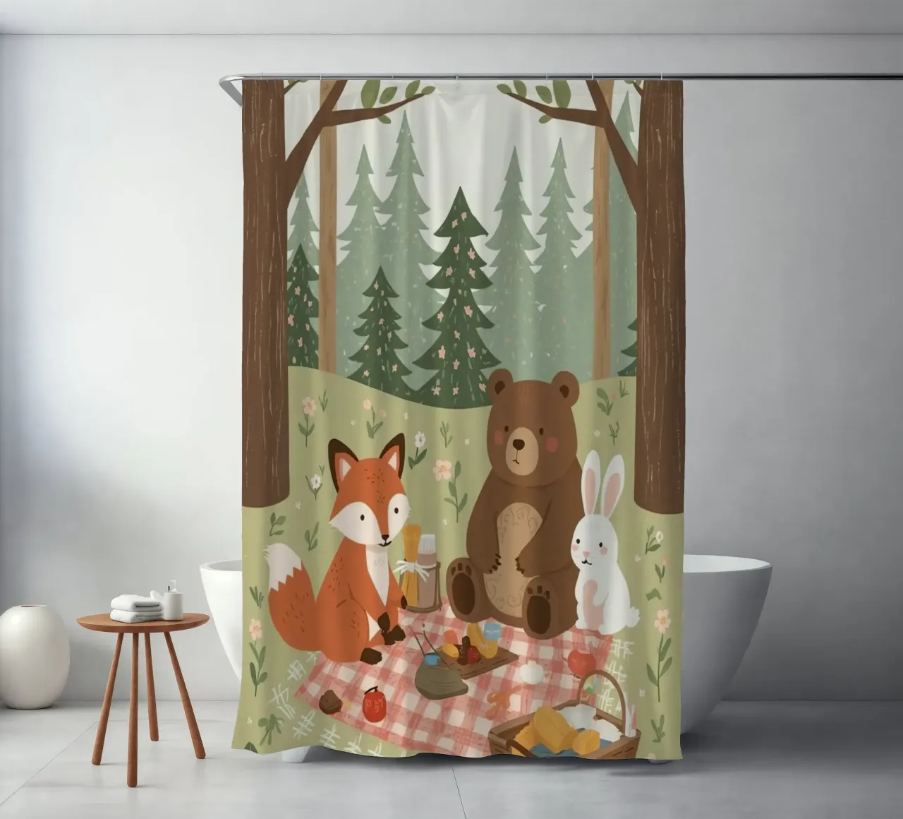 Volpe, orso e coniglio, simpatici e divertenti, fanno un picnic nella foresta tenda da doccia da DesignDoodle