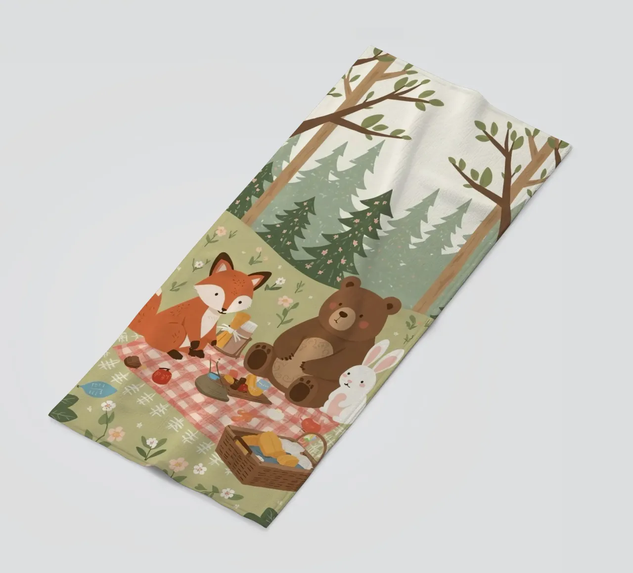 Volpe, orso e coniglio, simpatici e divertenti, fanno un picnic nella foresta telo mare da DesignDoodle