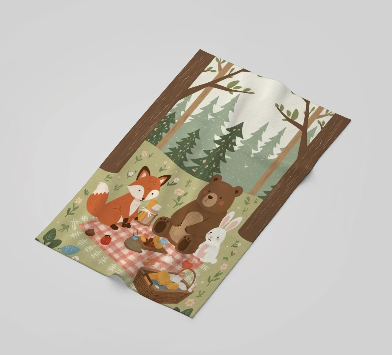 Volpe, orso e coniglio, simpatici e divertenti, fanno un picnic nella foresta telo mare da DesignDoodle