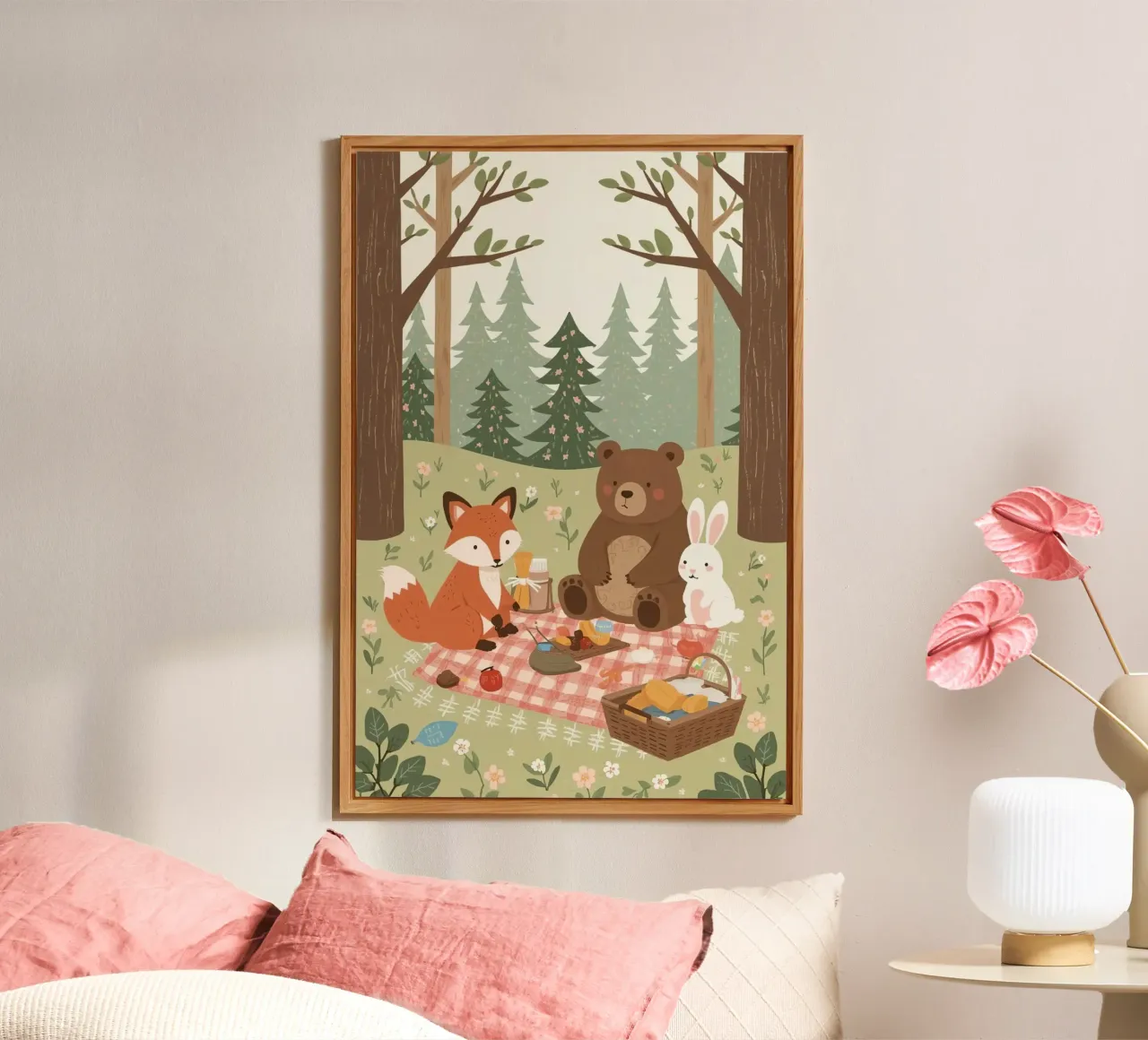 Volpe, orso e coniglio, simpatici e divertenti, fanno un picnic nella foresta alluminio dibond da DesignDoodle