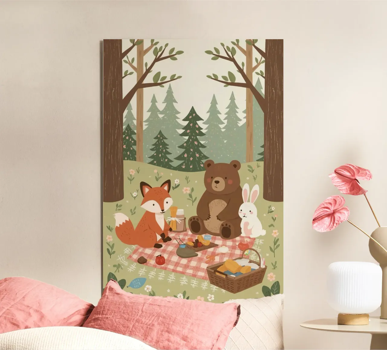 Volpe, orso e coniglio, simpatici e divertenti, fanno un picnic nella foresta alluminio dibond da DesignDoodle