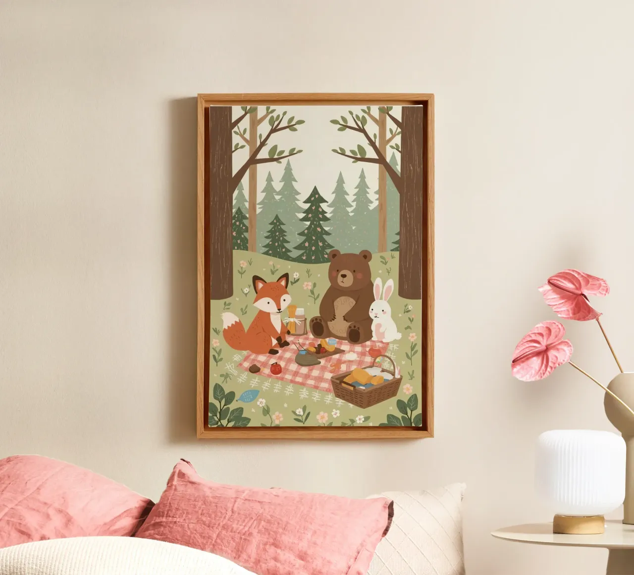 Volpe, orso e coniglio, simpatici e divertenti, fanno un picnic nella foresta tela con Cornice a cassetta da DesignDoodle