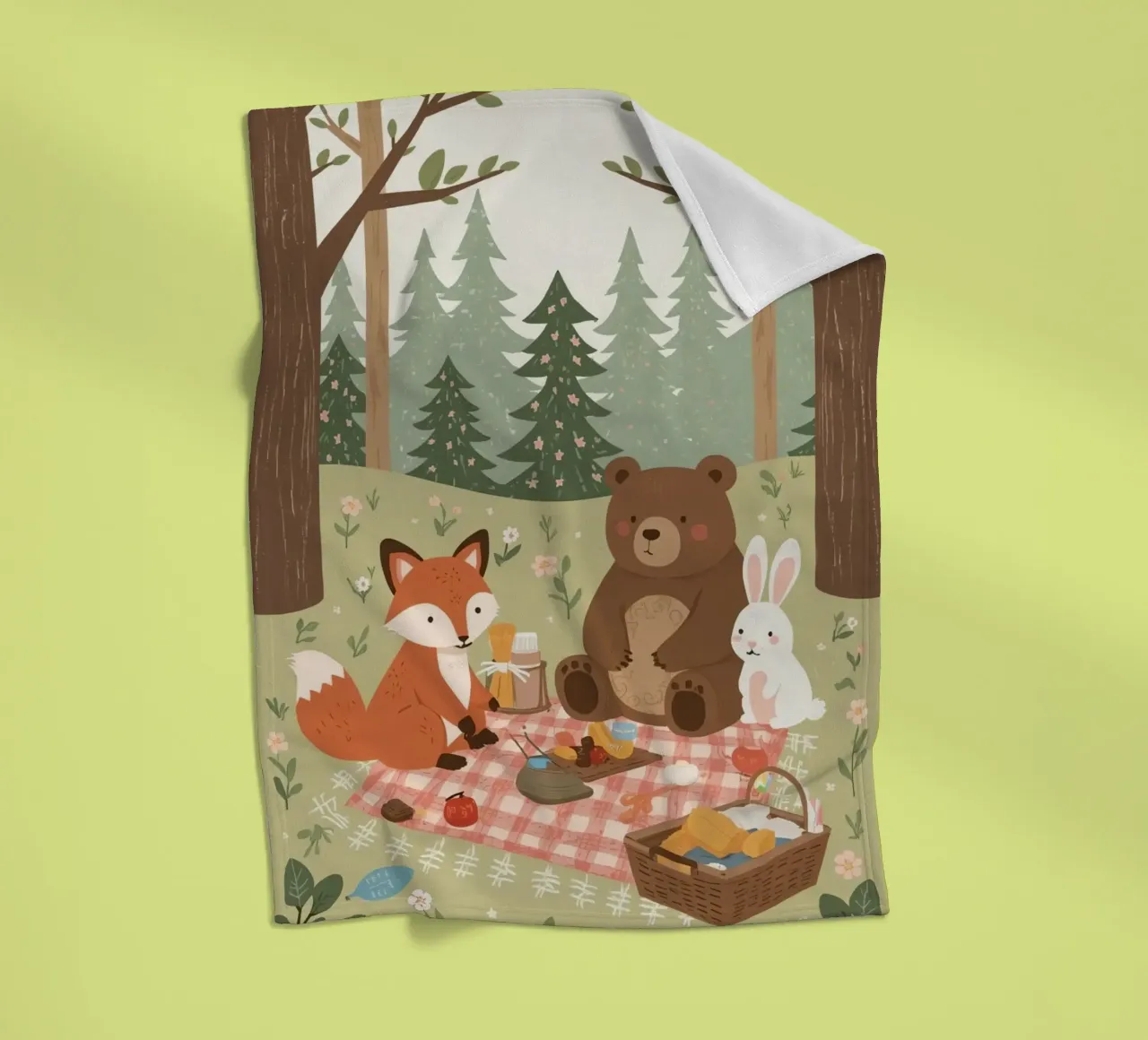 Volpe, orso e coniglio, simpatici e divertenti, fanno un picnic nella foresta coperta in pile da DesignDoodle