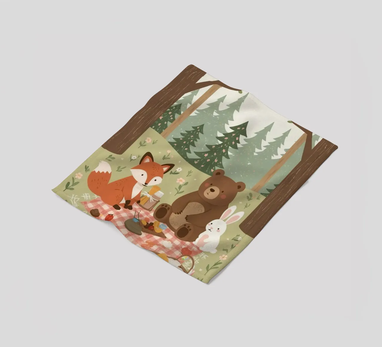Volpe, orso e coniglio, simpatici e divertenti, fanno un picnic nella foresta coperta in pile da DesignDoodle