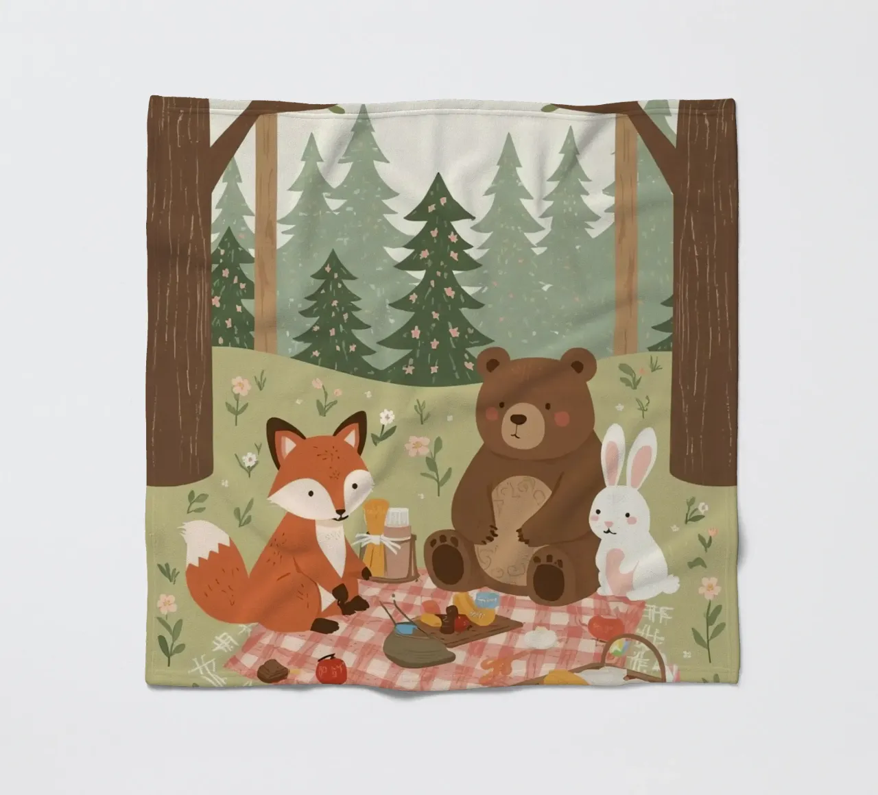 Volpe, orso e coniglio, simpatici e divertenti, fanno un picnic nella foresta coperta in pile da DesignDoodle