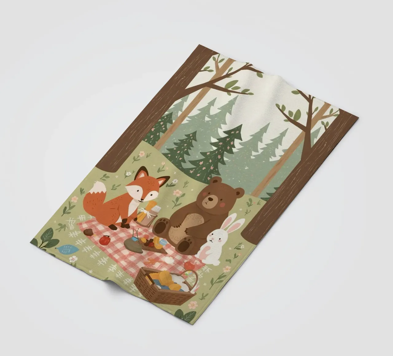 Volpe, orso e coniglio, simpatici e divertenti, fanno un picnic nella foresta coperta in pile da DesignDoodle