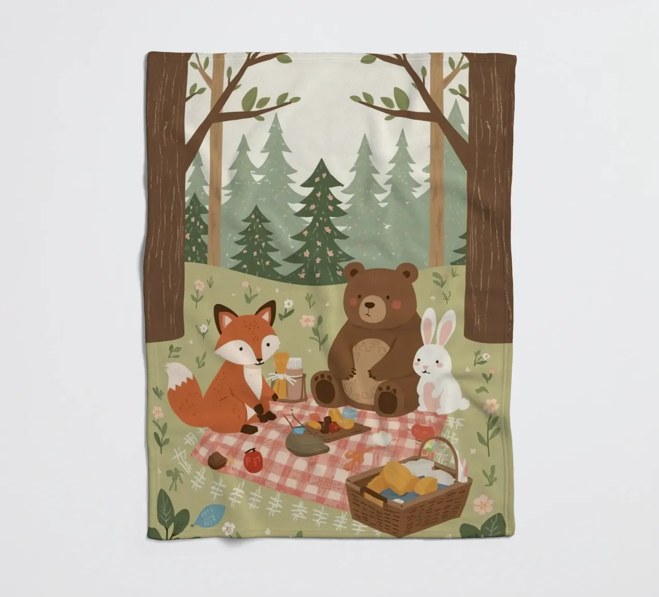 Volpe, orso e coniglio, simpatici e divertenti, fanno un picnic nella foresta coperta in pile da DesignDoodle