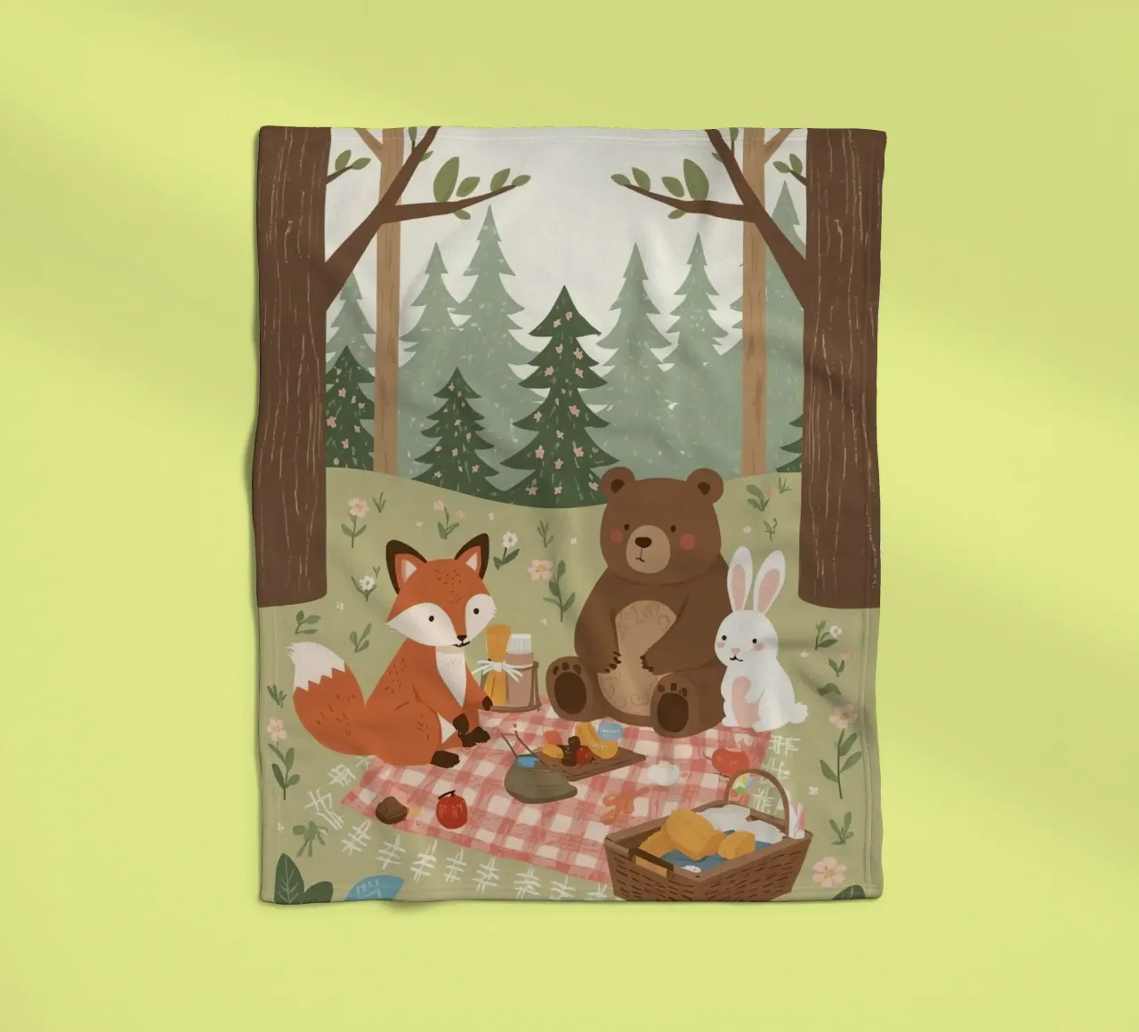 Volpe, orso e coniglio, simpatici e divertenti, fanno un picnic nella foresta coperta in pile da DesignDoodle