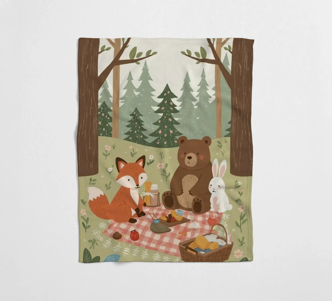 Volpe, orso e coniglio, simpatici e divertenti, fanno un picnic nella foresta coperta in pile da DesignDoodle