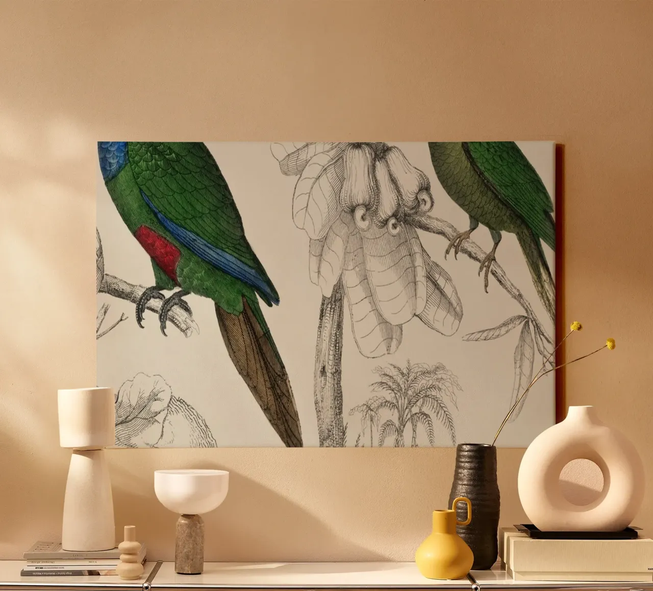 a rare antique hand colored tableau of two parakeets. tela con Cornice a cassetta da vintageshop