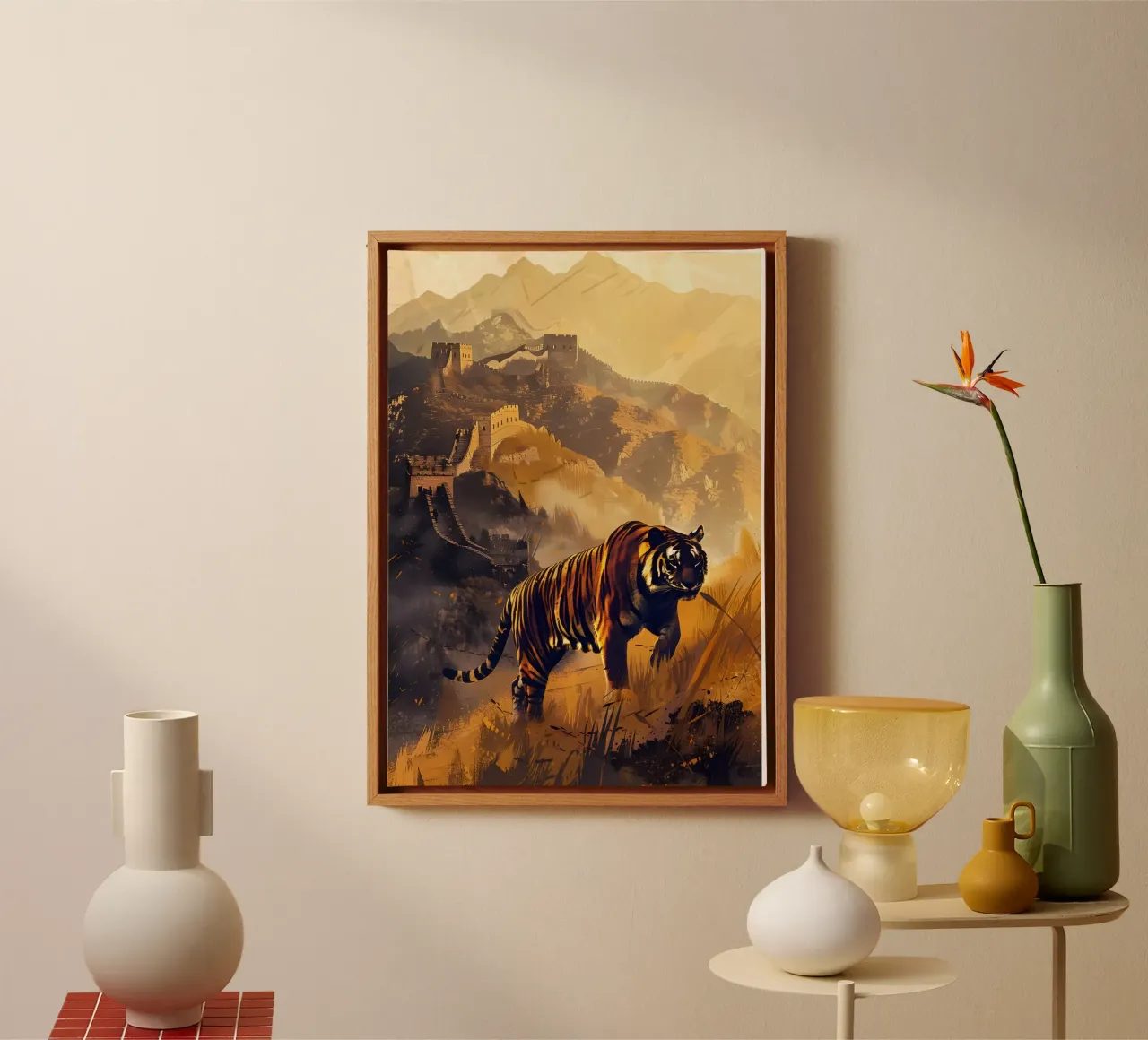 Chinese wall with tiger mystical fantasy art canvas with Floater frame by WILD ART