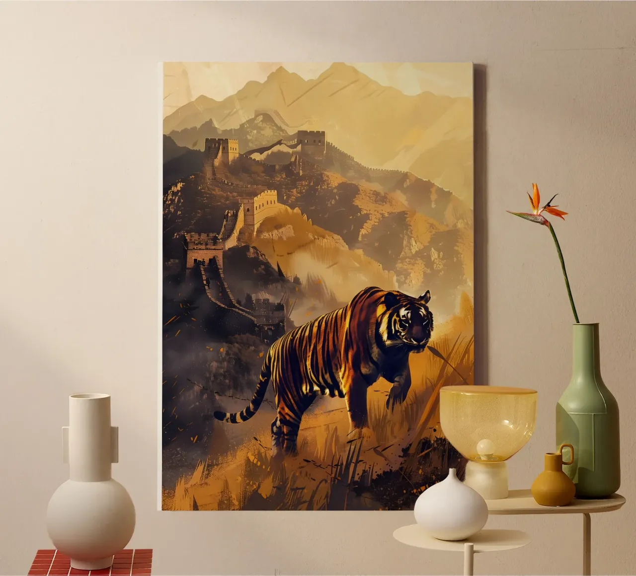 Chinese wall with tiger mystical fantasy art canvas with Floater frame by WILD ART