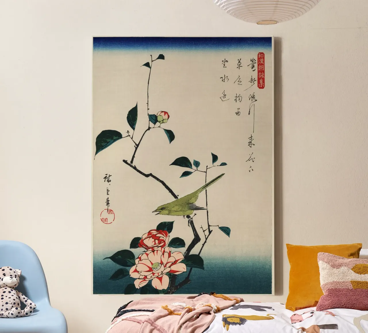 Camellia and Nightingale canvas with Floater frame by vintageshop