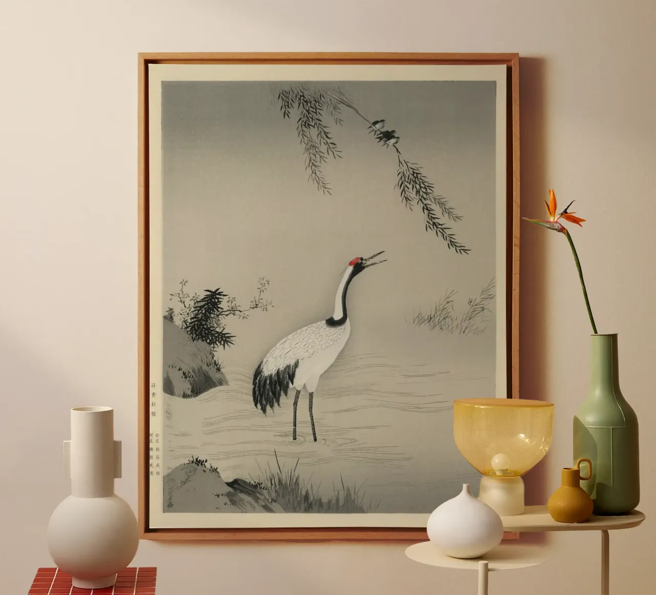 A traditional portrait of a beautiful Japanese crane canvas with Floater frame by vintageshop