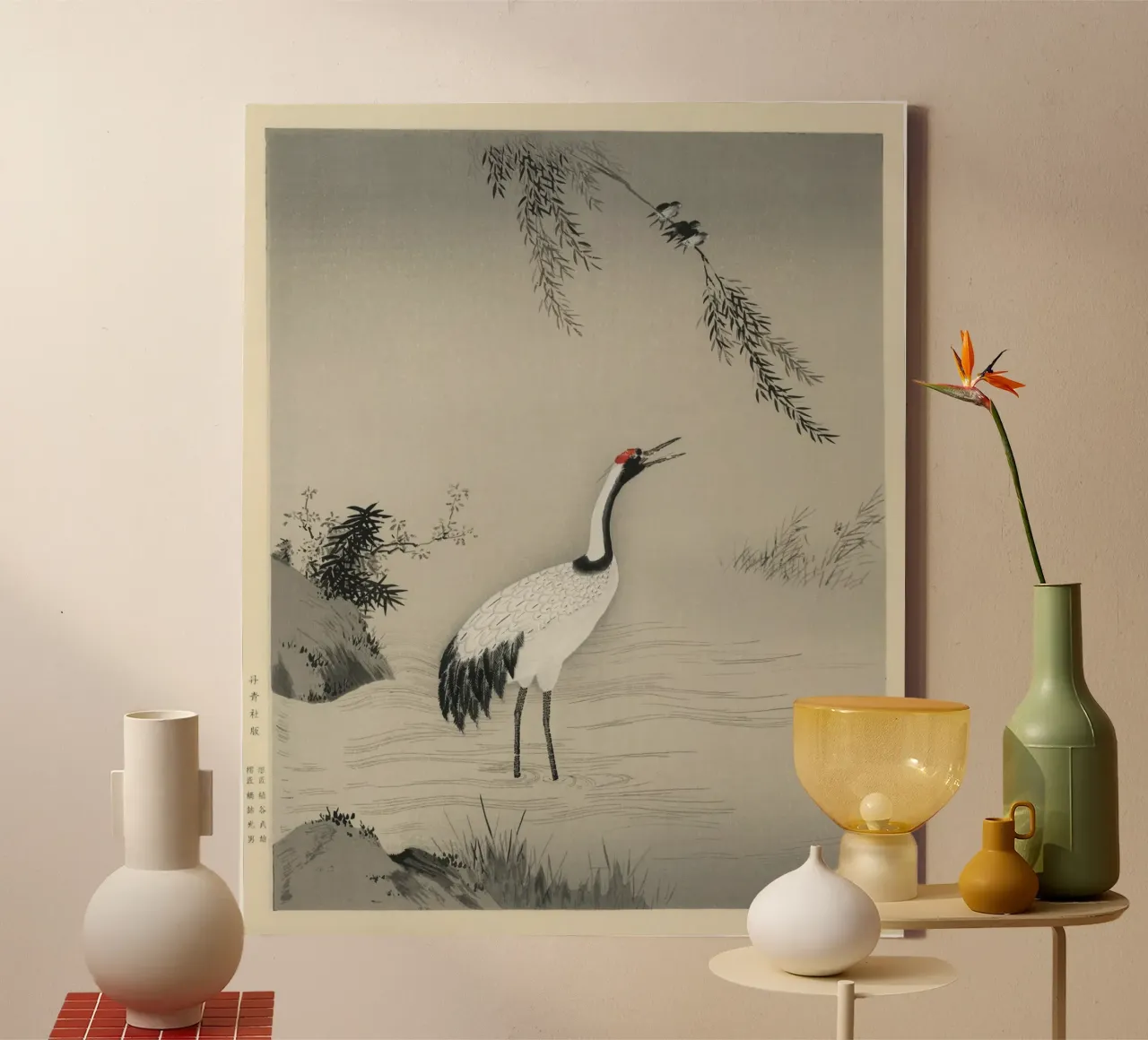 A traditional portrait of a beautiful Japanese crane canvas with Floater frame by vintageshop