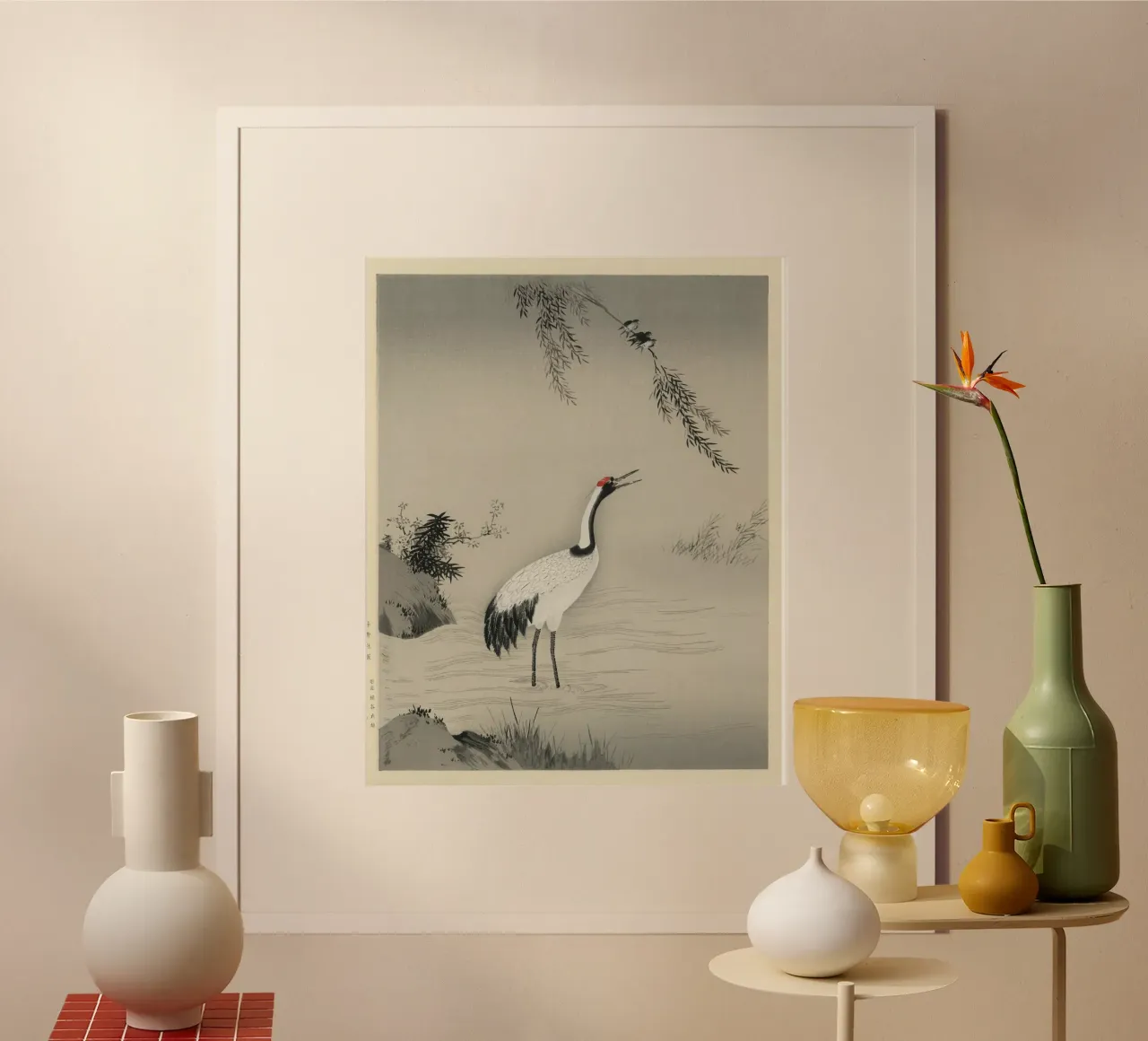 A traditional portrait of a beautiful Japanese crane poster con telaio in alluminio da vintageshop
