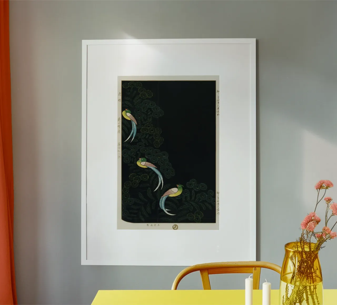 three colorful birds poster con telaio in legno da vintageshop