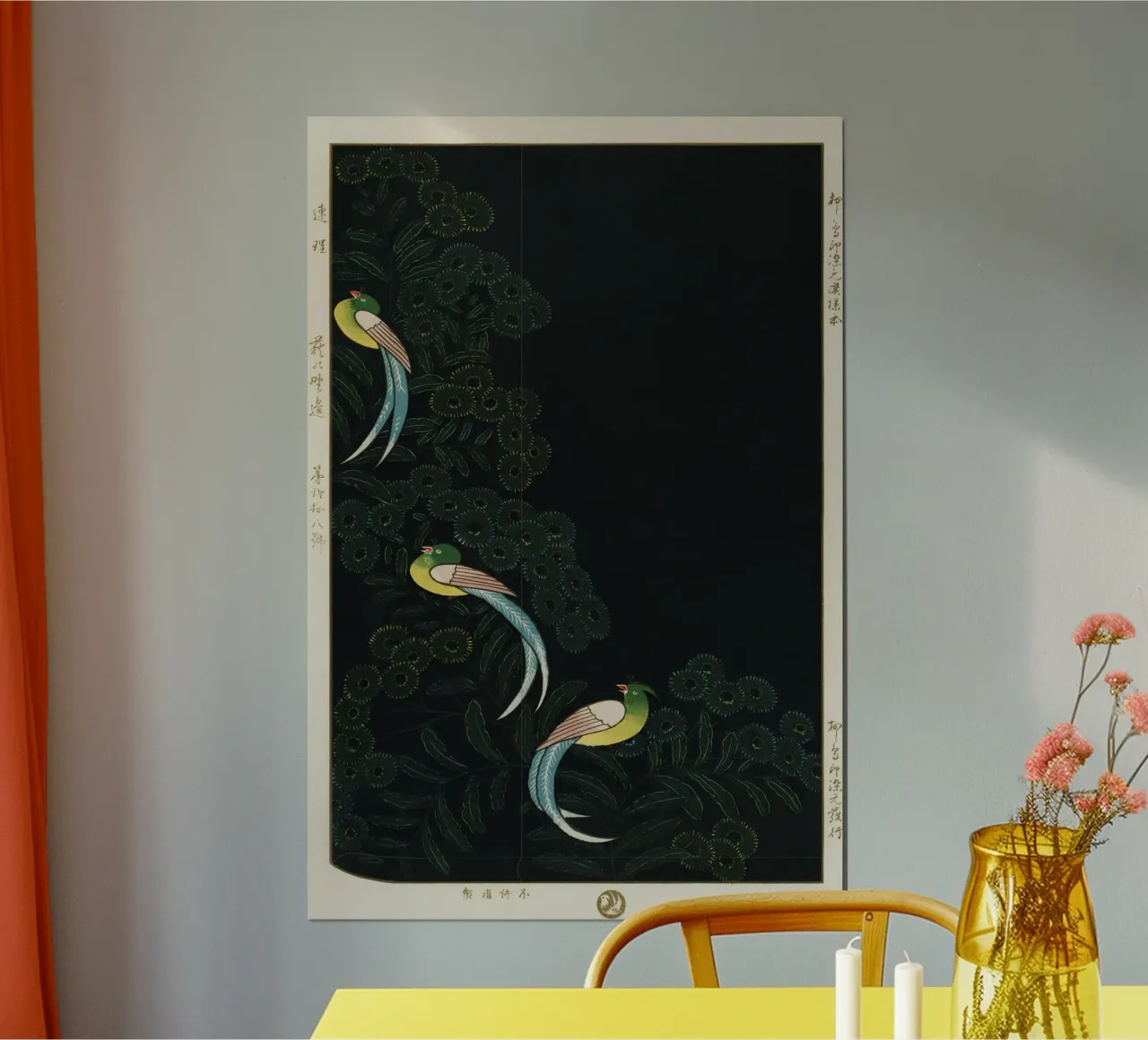 three colorful birds poster con telaio in legno da vintageshop