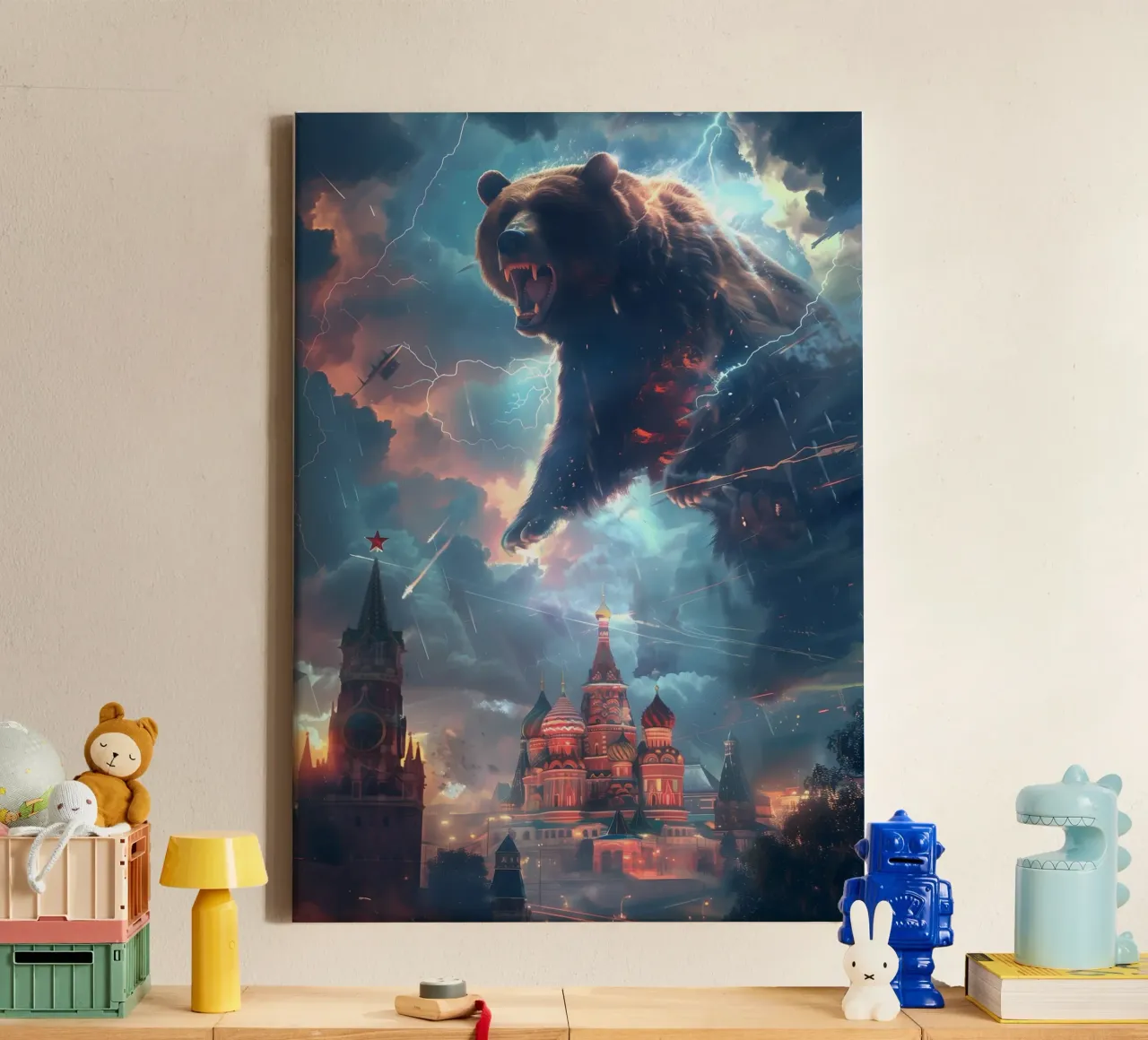 Bear over Moscow mystical fantasy art canvas with Floater frame by WILD ART