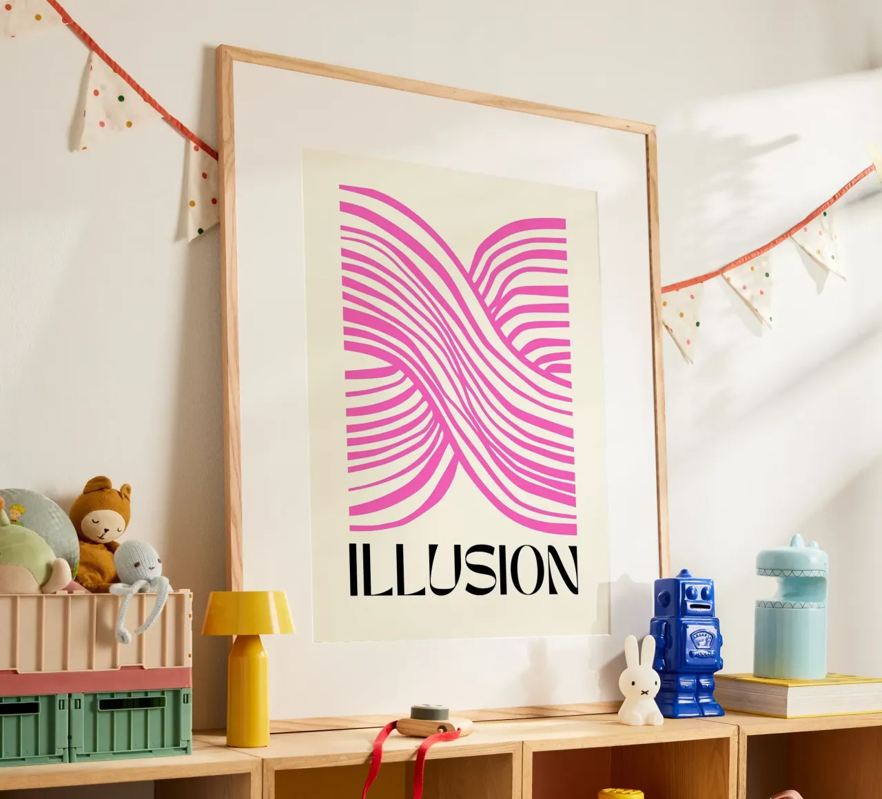 Linee di illusione rosa poster con telaio in legno da Leon B Feierabend