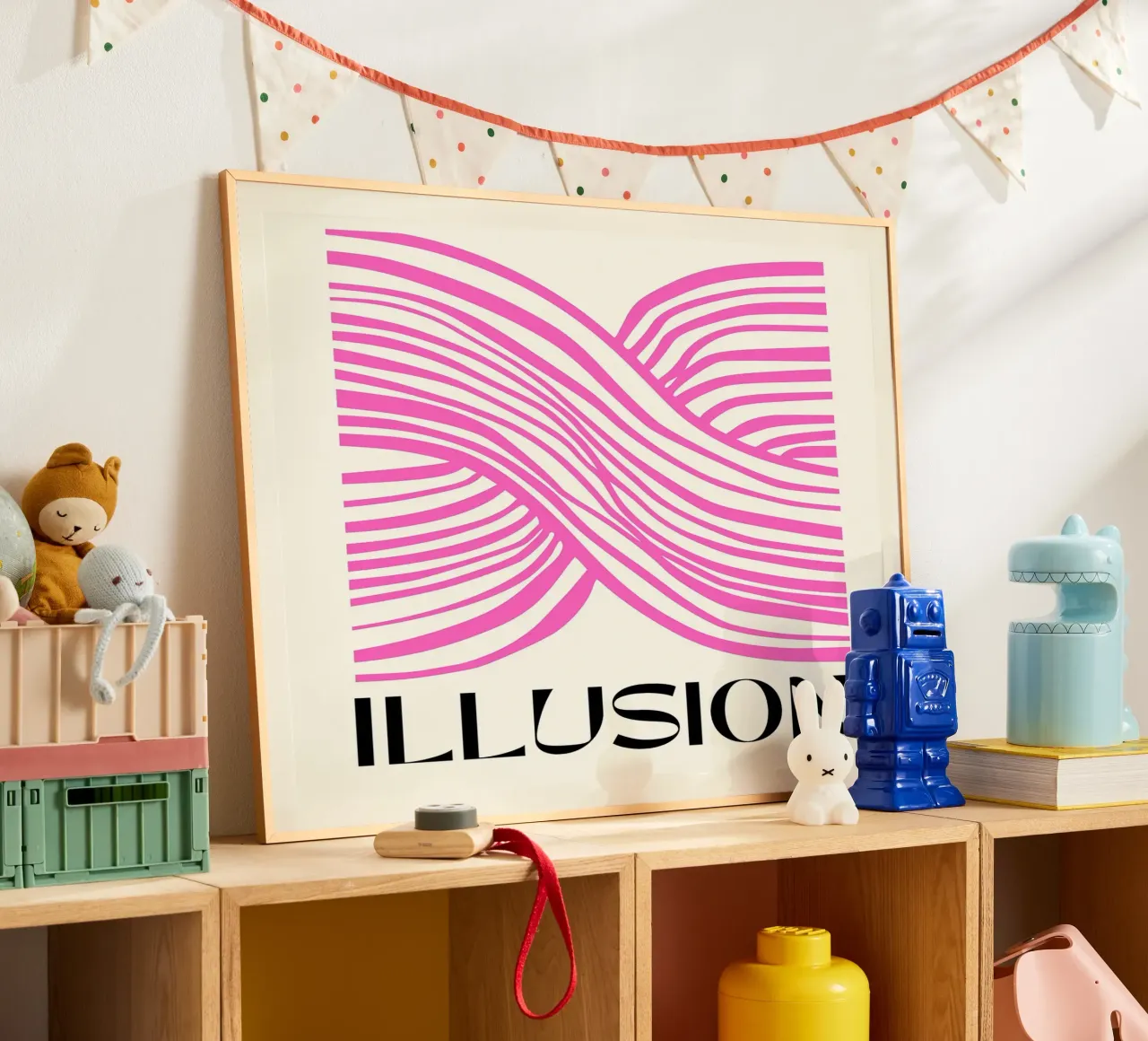 Linee di illusione rosa poster con telaio in legno da Leon B Feierabend