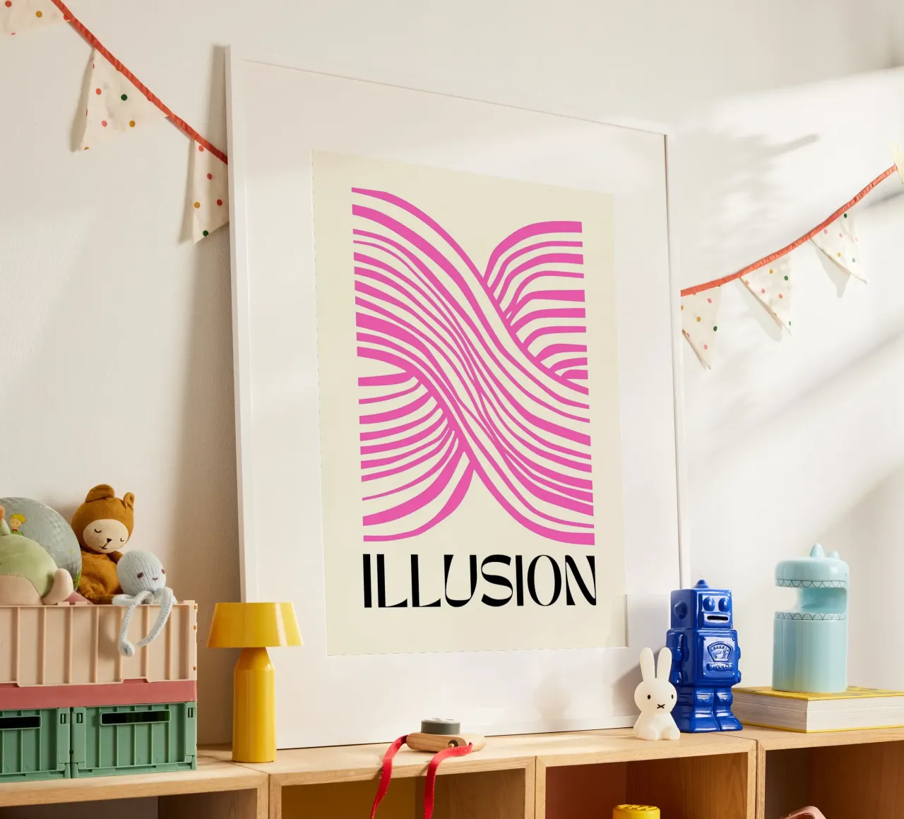 Linee di illusione rosa poster con telaio in legno da Leon B Feierabend