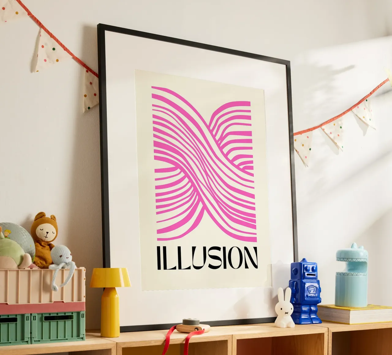 Linee di illusione rosa poster con telaio in legno da Leon B Feierabend