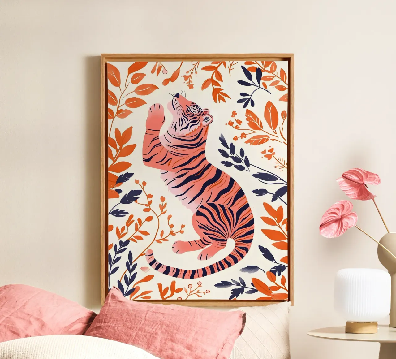 Gestileerde tijger met bloemen canvas met Baklijst van Leon B Feierabend