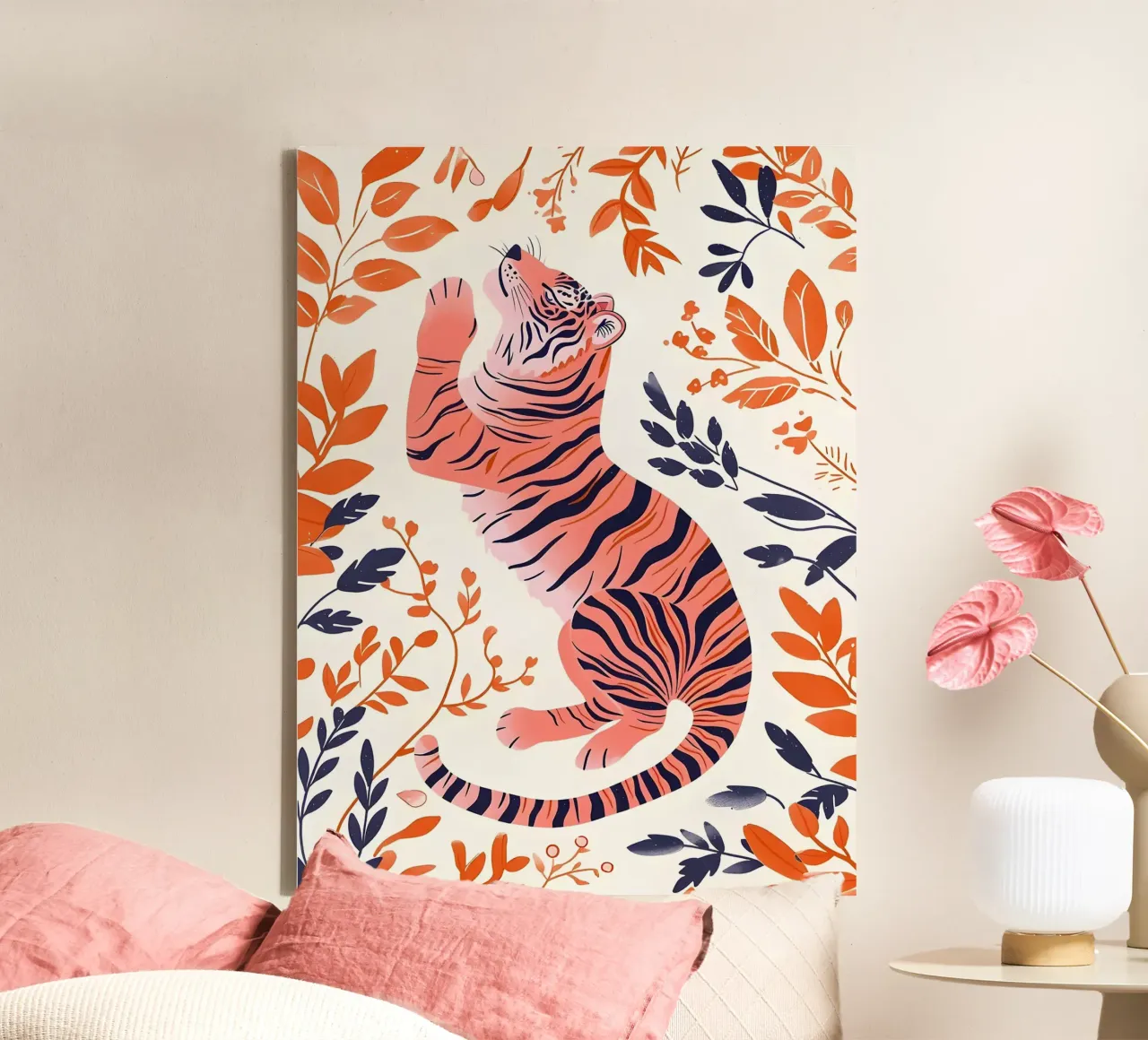 Gestileerde tijger met bloemen canvas met Baklijst van Leon B Feierabend