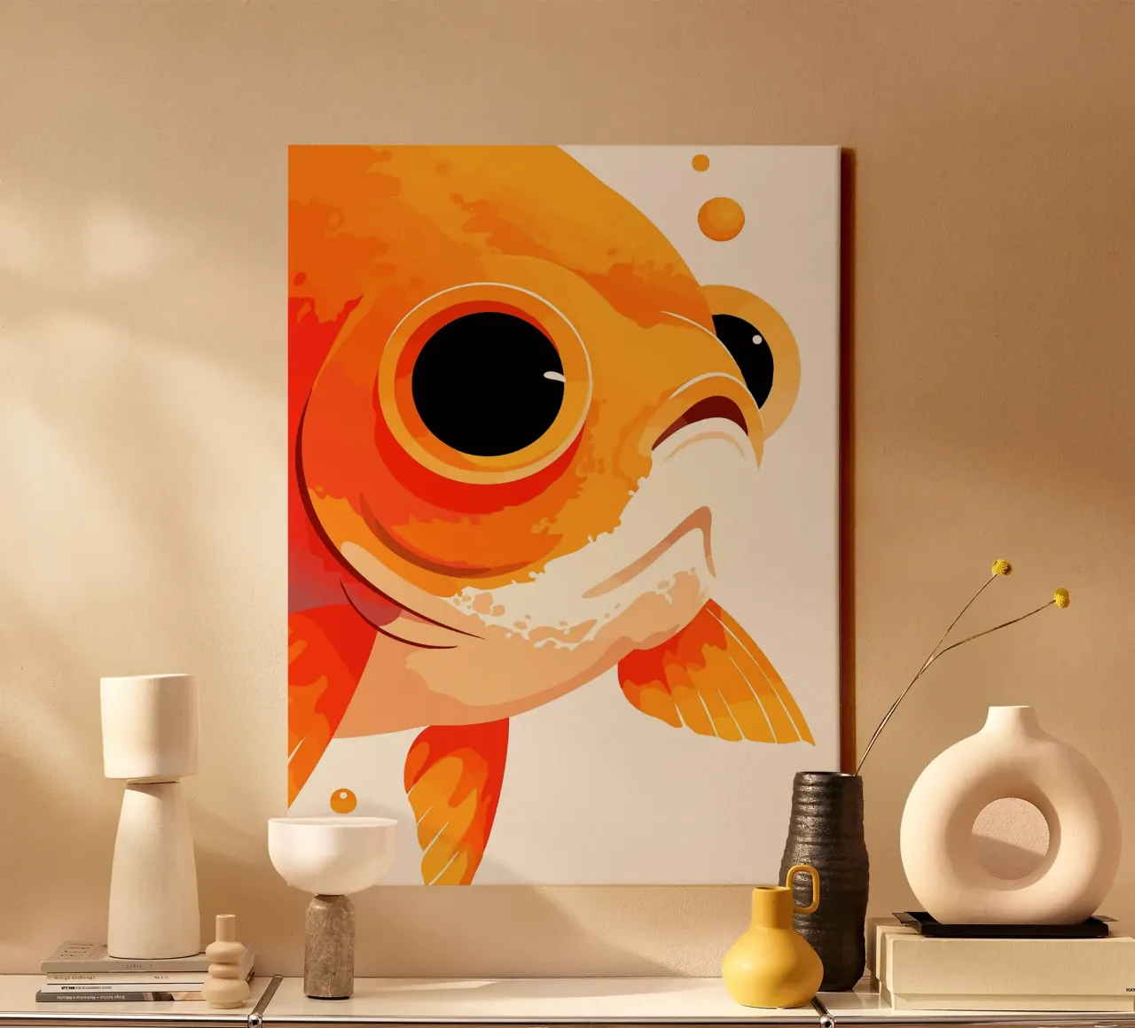 Funny Orange Goldfish Face Pop Art Illustration canvas with Floater frame by Leon B Feierabend