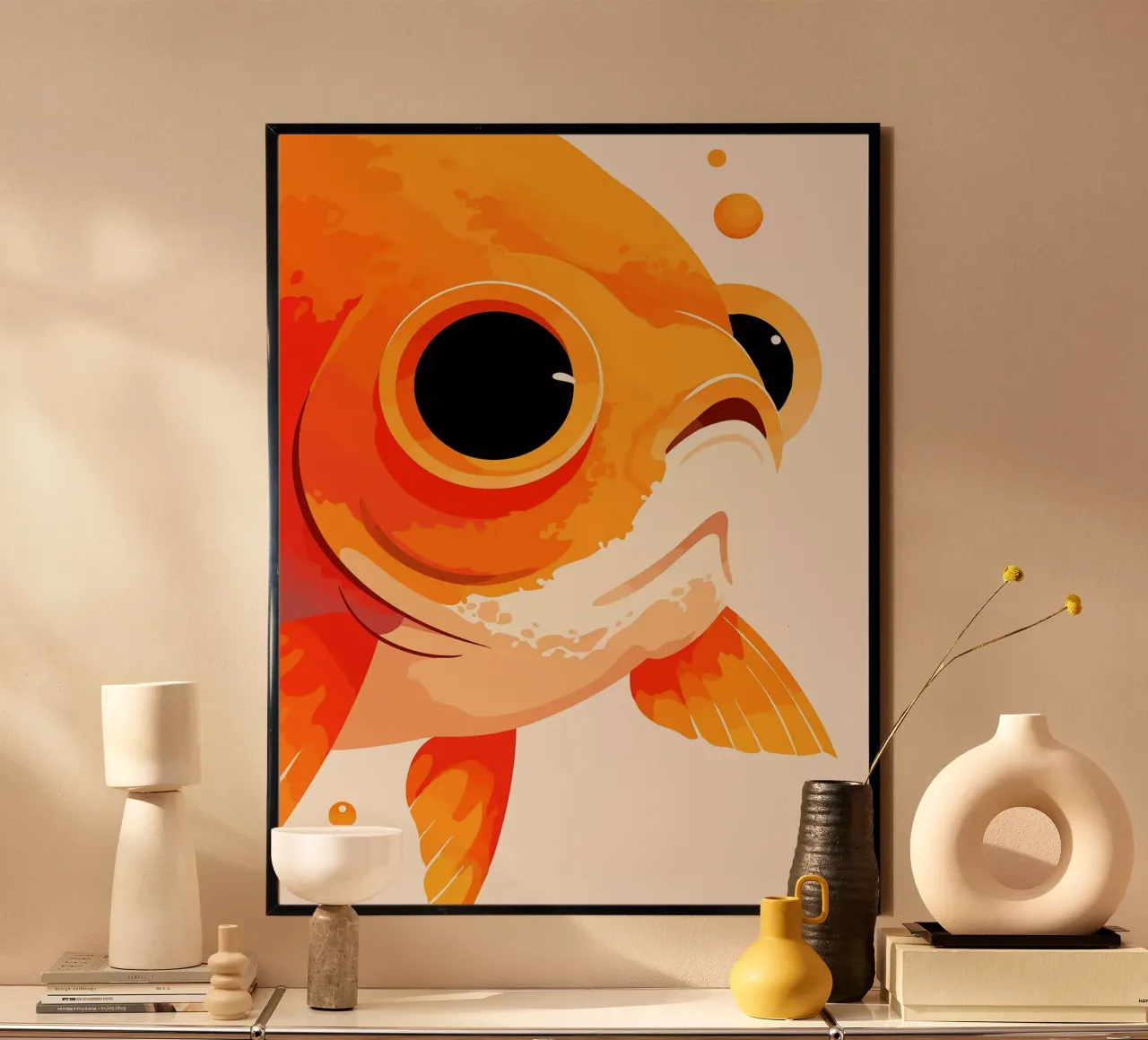 Divertente illustrazione pop art della faccia del pesce rosso arancione poster da Leon B Feierabend