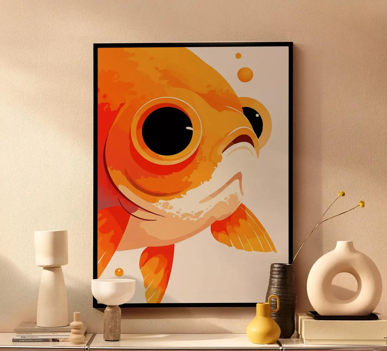 Divertente illustrazione pop art della faccia del pesce rosso arancione poster da Leon B Feierabend