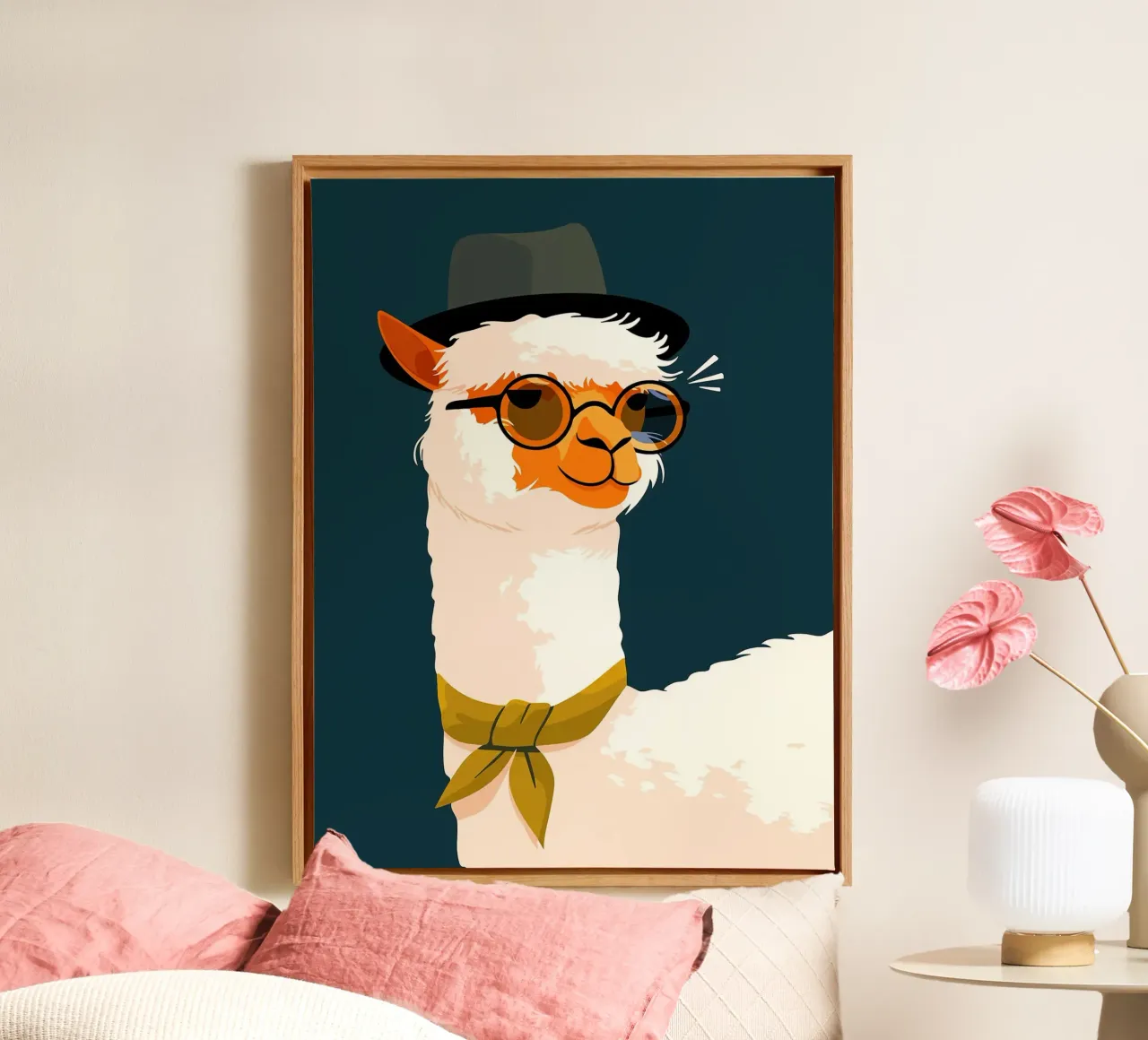 Hipster alpaca met Fedora Schattig Grappig Minimalistisch Kunst Illustr canvas met Baklijst van Leon B Feierabend