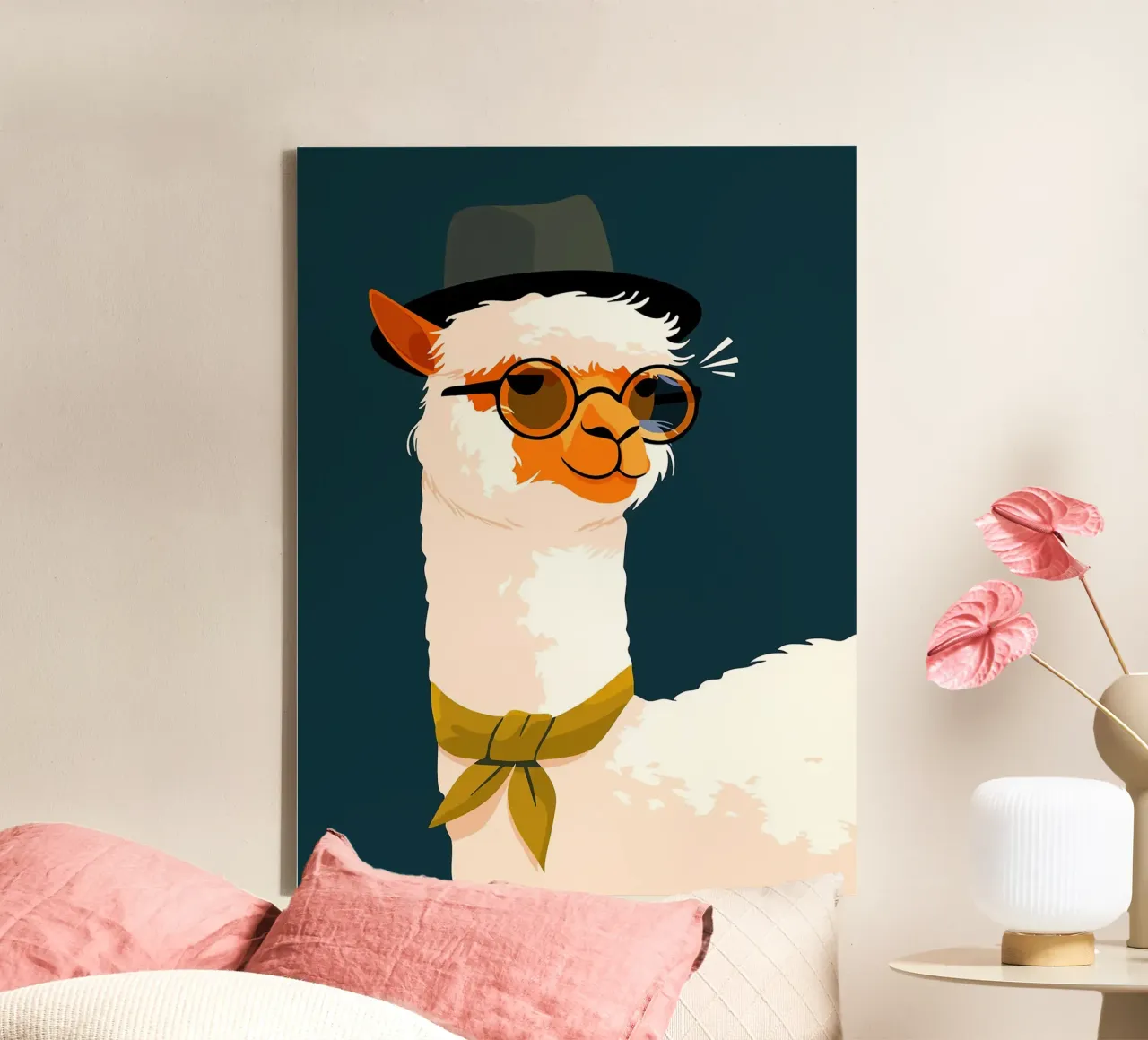 Hipster alpaca met Fedora Schattig Grappig Minimalistisch Kunst Illustr canvas met Baklijst van Leon B Feierabend