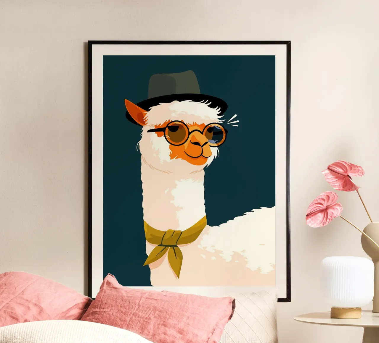 Hipster Alpaca with Fedora Cute Funny Minimalist Art Illustr poster by Leon B Feierabend