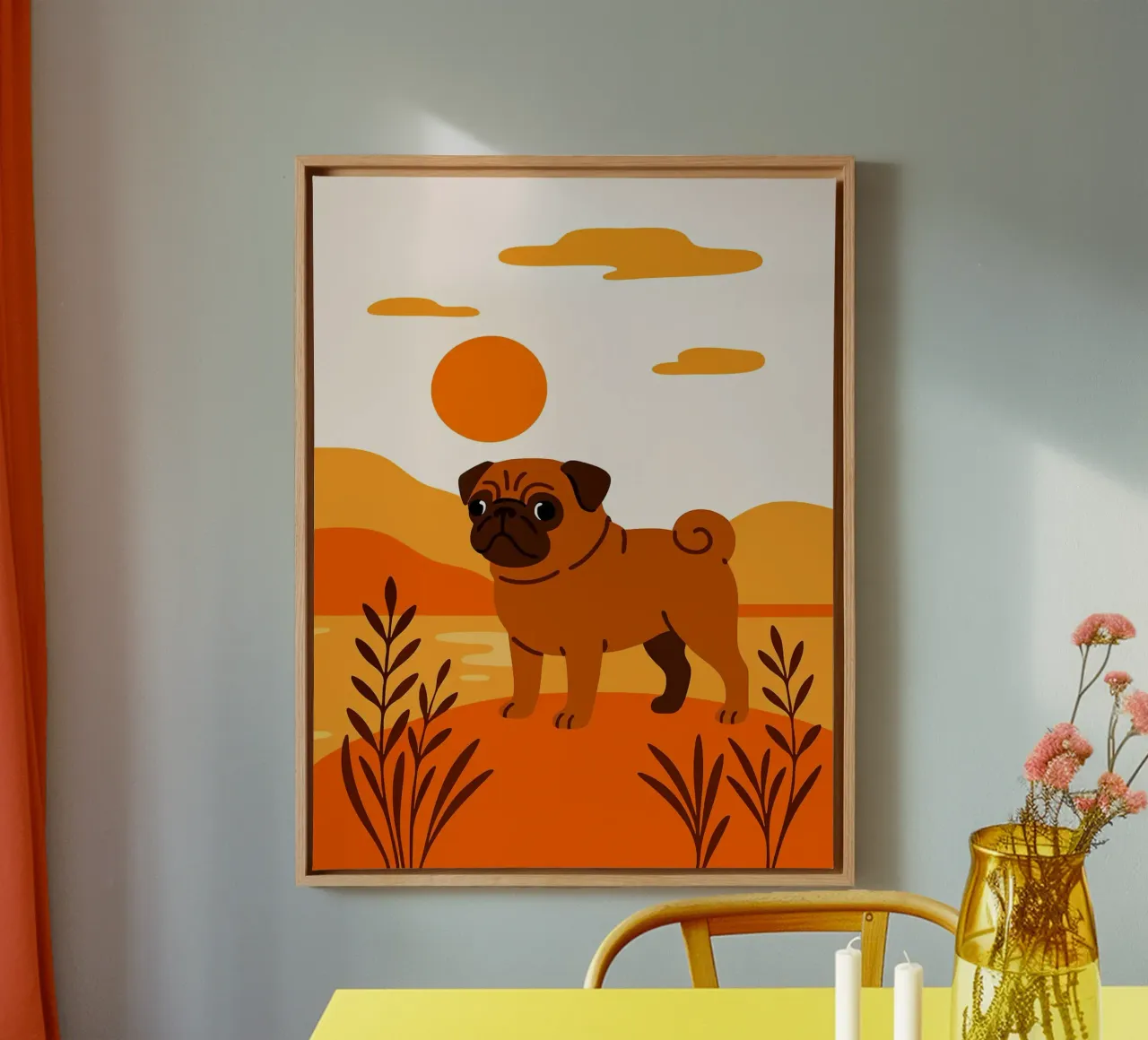 Pug in Autumn Sunset Lake Hill Funny Cute Minimalist Art Ill canvas with Floater frame by Leon B Feierabend