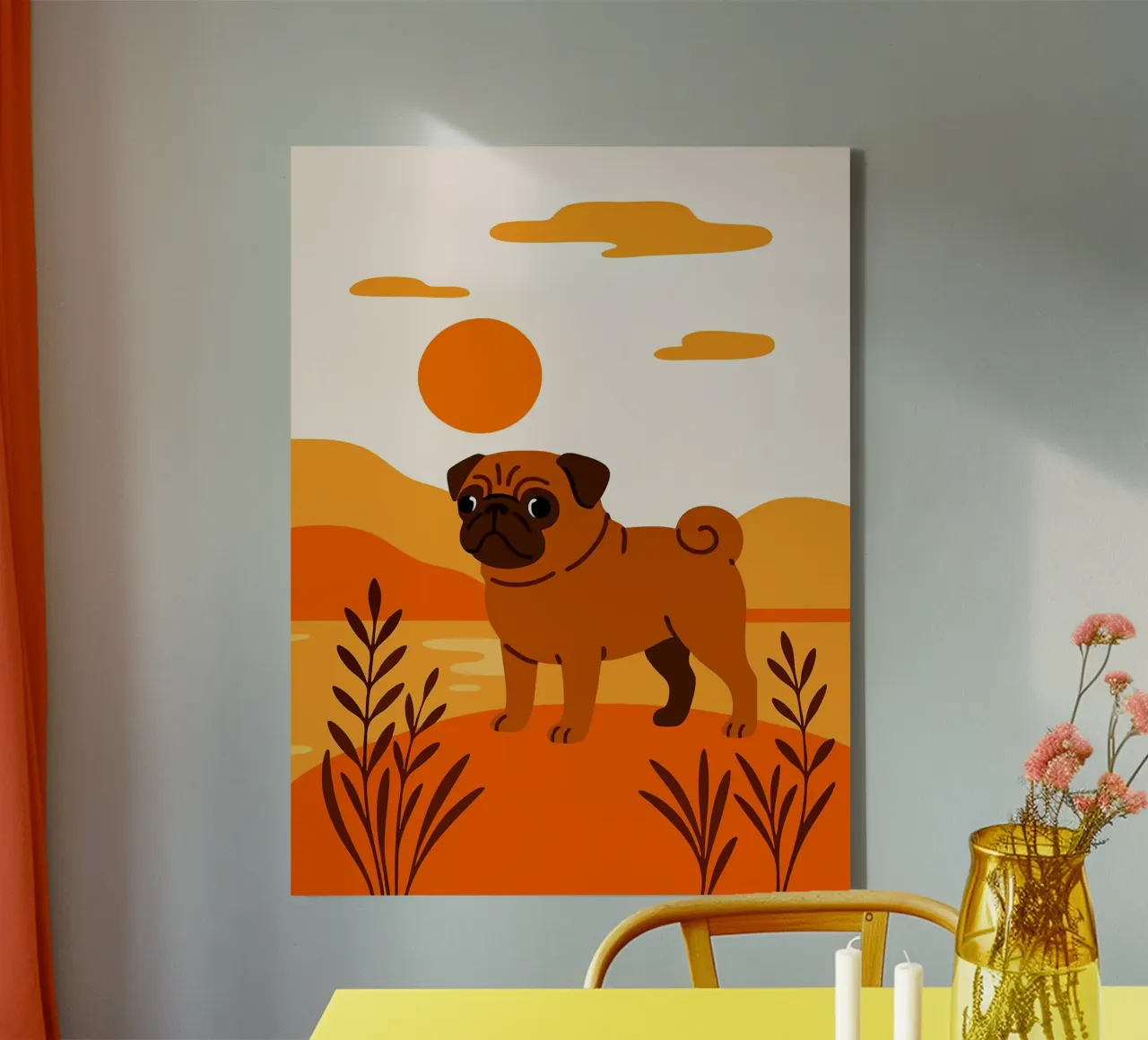 Pug in Autumn Sunset Lake Hill Funny Cute Minimalist Art Ill canvas with Floater frame by Leon B Feierabend