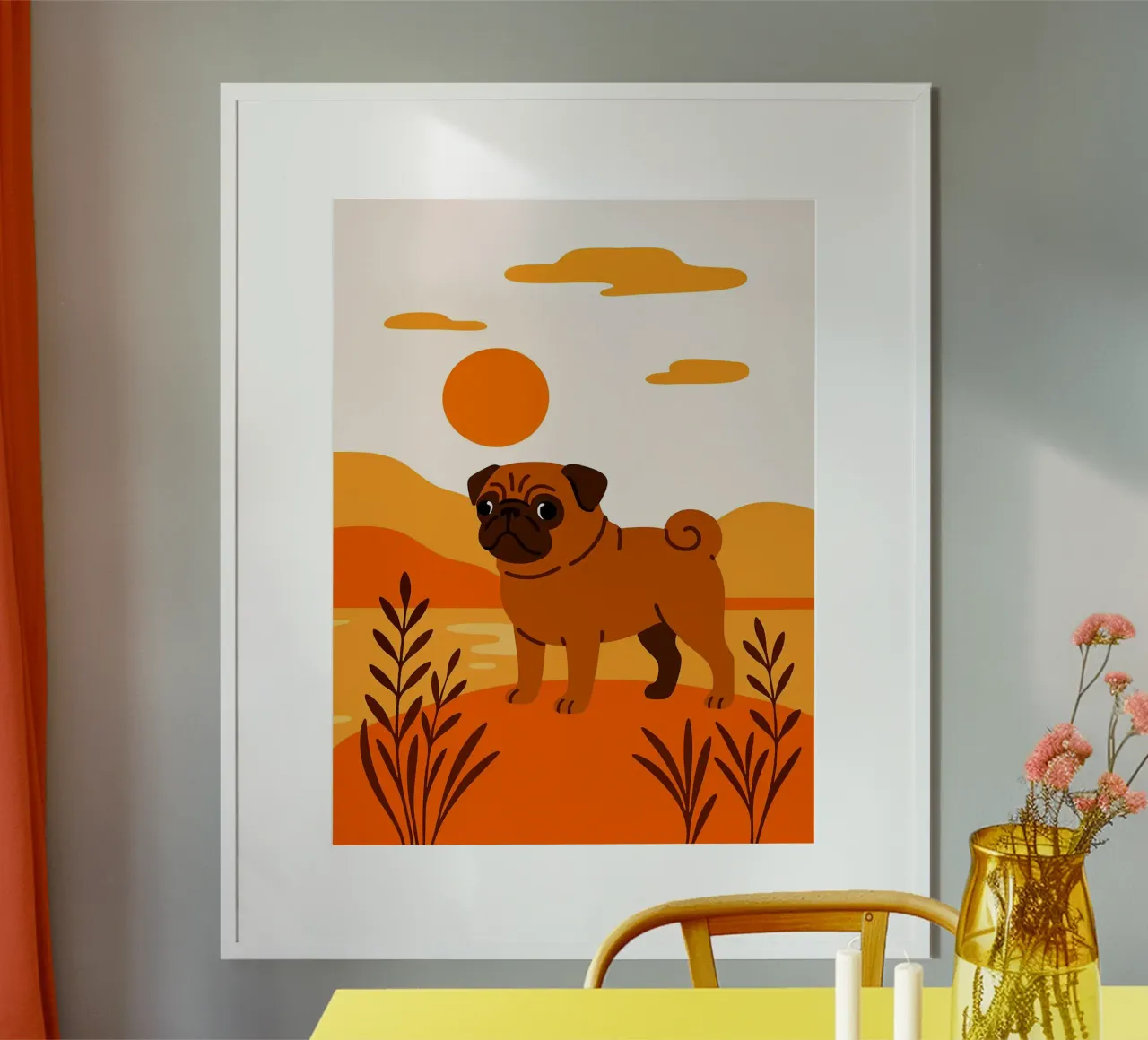 Mopshond in Herfst Zonsondergang Meer Heuvel Grappig Schattig Minimalistisch Kunst Ill poster met aluminium frame van Leon B Feierabend