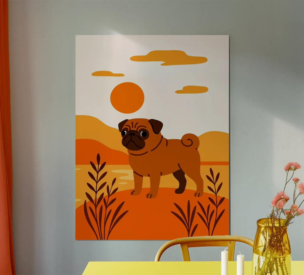 Mopshond in Herfst Zonsondergang Meer Heuvel Grappig Schattig Minimalistisch Kunst Ill poster met aluminium frame van Leon B Feierabend