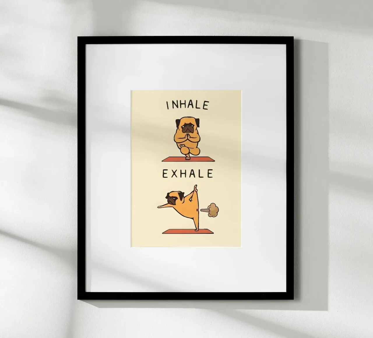 pug doing yoga poster con telaio in alluminio da Type & Tape