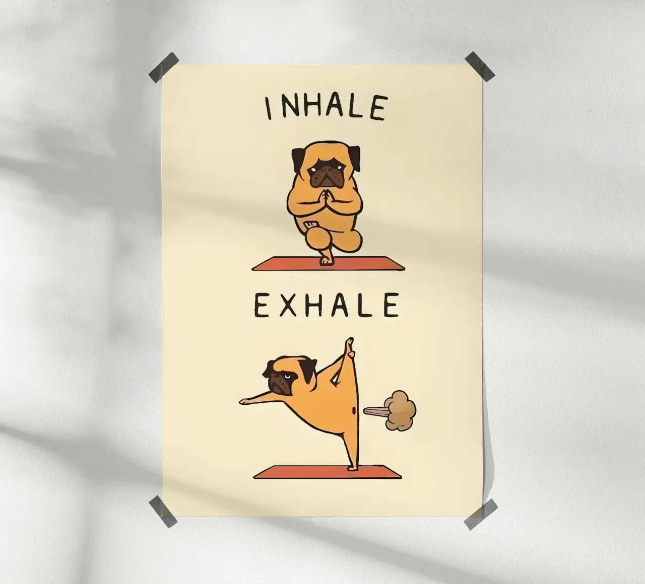 pug doing yoga poster con telaio in alluminio da Type & Tape