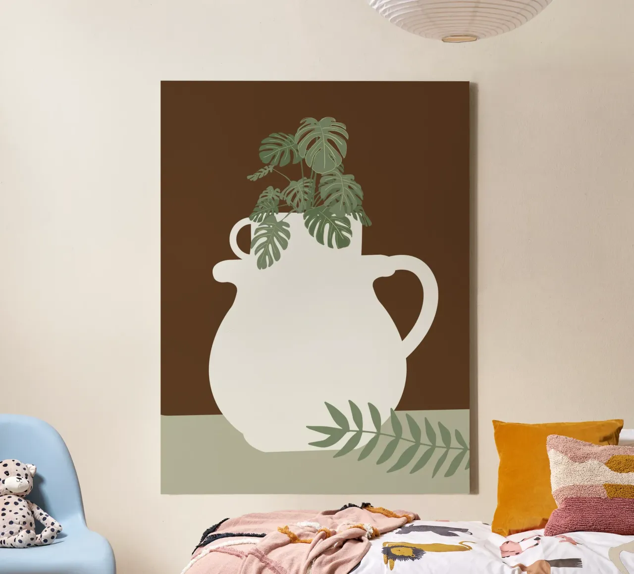 Monstera bebé en jarrón madre lienzo con Marco flotante de Little Dean