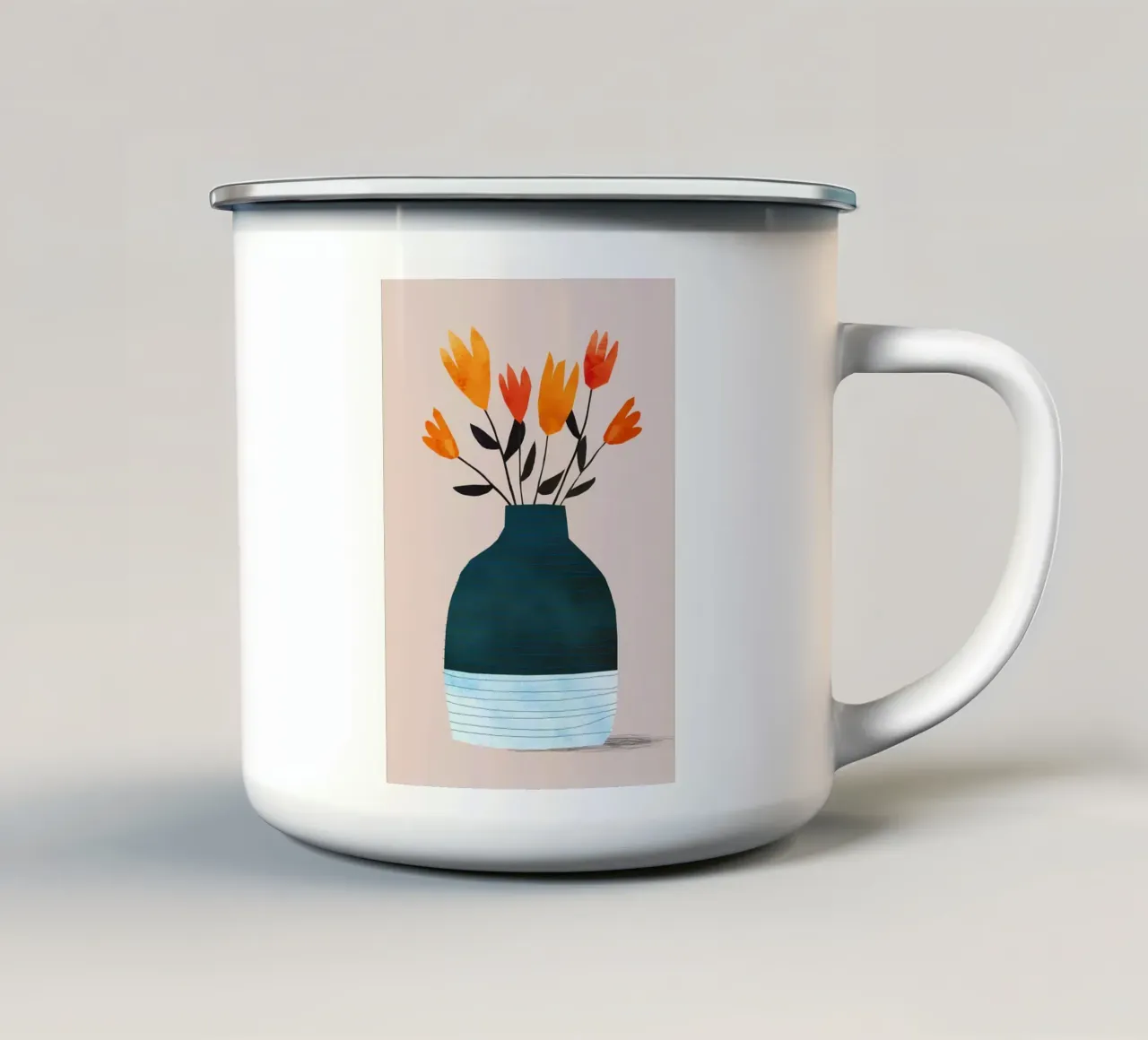 Fiori arancioni in vaso blu tazza in smalto da Jose