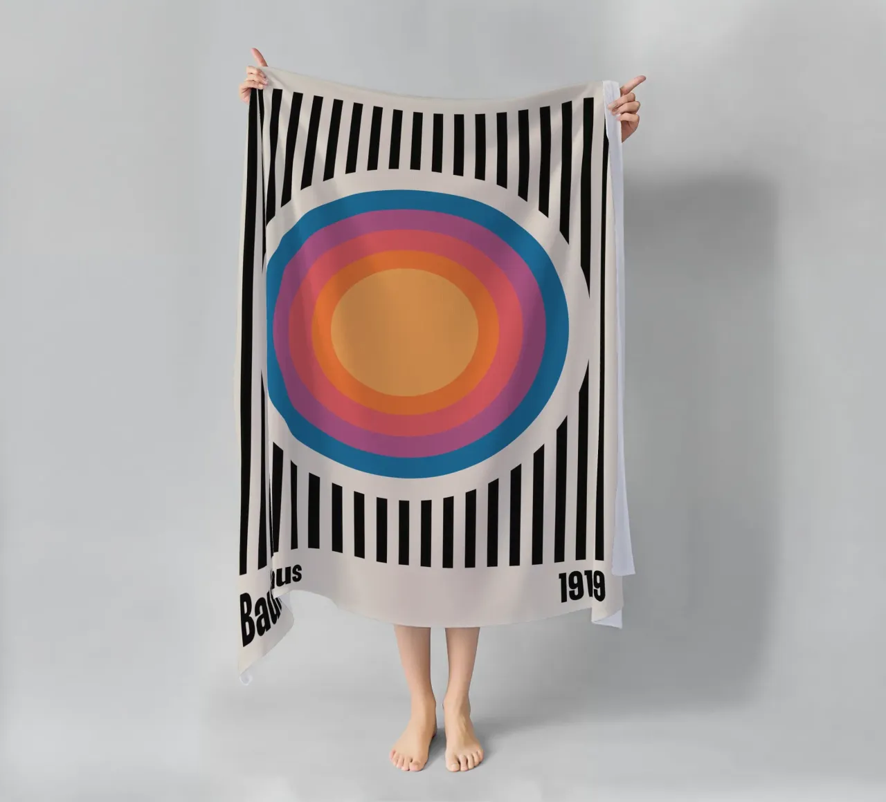 Bauhaus 1919 Stripes & Colored Circles Pattern beach towel by Paigaam Studio